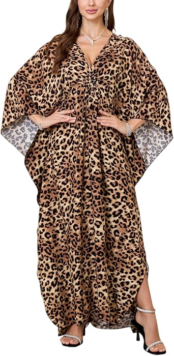 Womens Plus Size V-Neck Batwing Kaftan Dress Animal Print Beach Swimsuit Cover Up Summer Loungewear