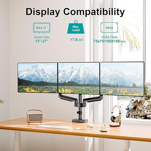Miniatura 3 de MOUNT PRO Soporte para monitor triple, brazo de escritorio de 3 monitores para tres pantallas LCD de 27 pulgadas máximo, hasta 17.6 libras cada una,