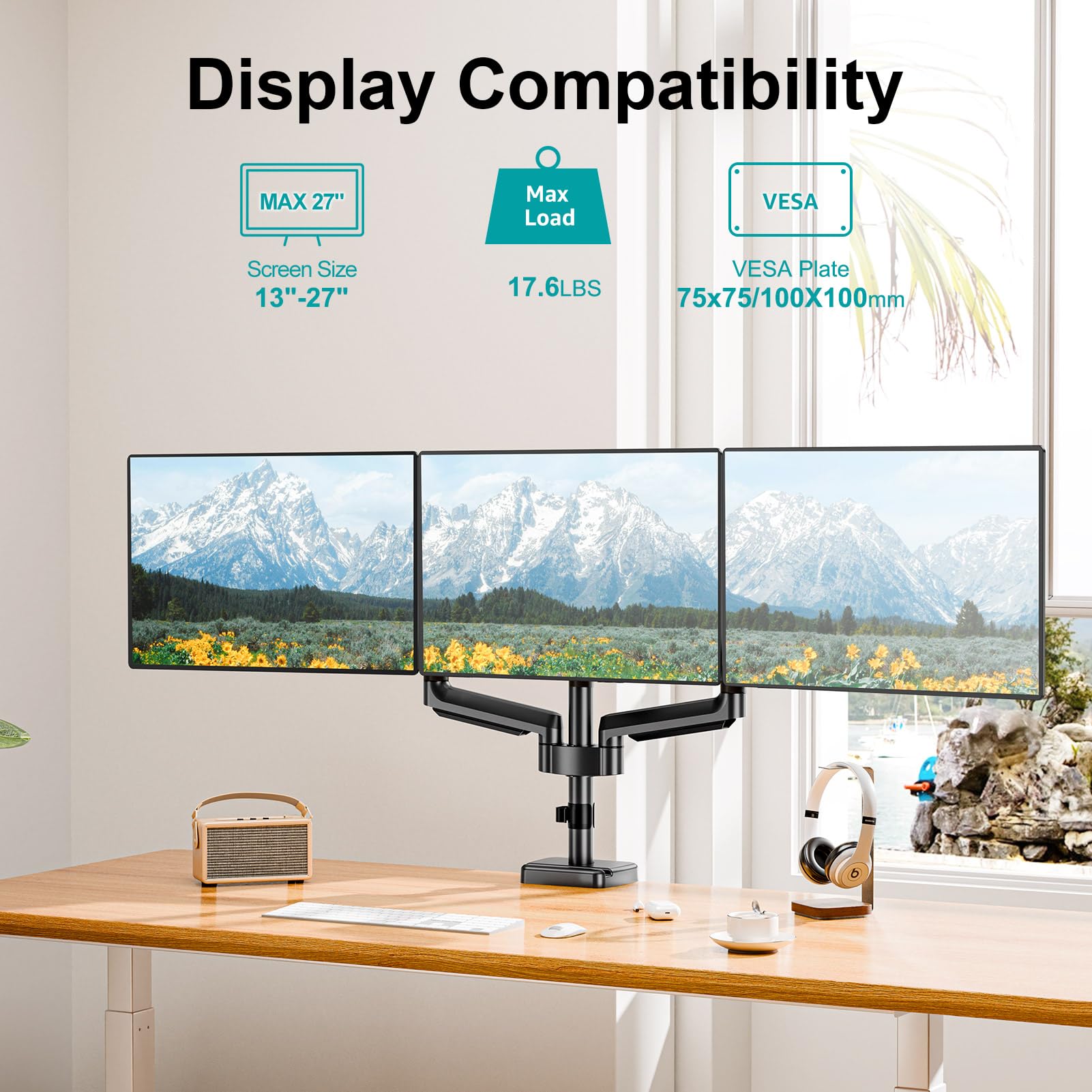 MOUNT PRO Triple Monitor Mount, 3 Monitor Desk Arm fits Three Max 27" LCD Computer Screens, up to 17.6lbs Each, Premium Gas Spring Display Stand with Tilt Swivel Rotation, Vesa Mount 75x75,100x100 Product Image 3