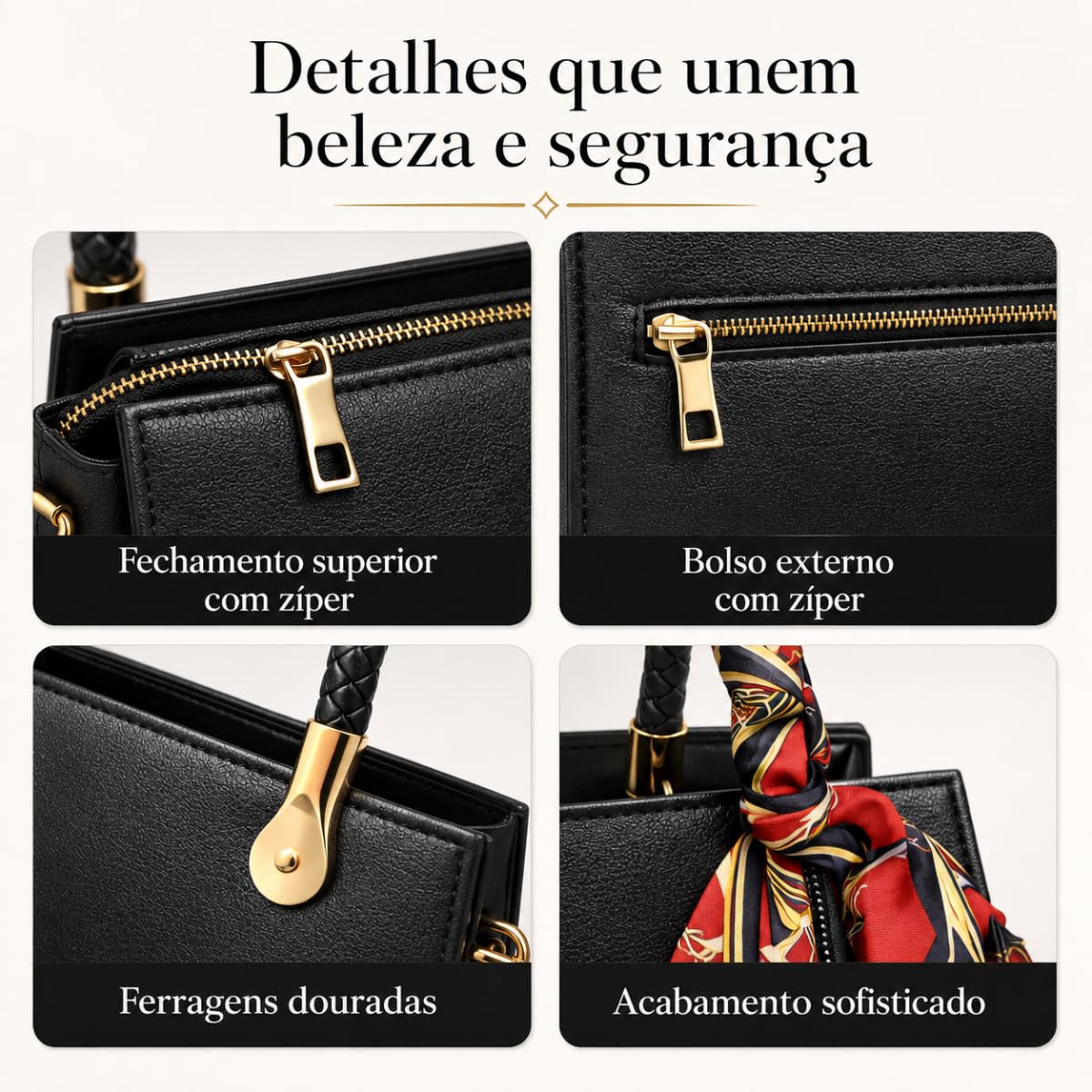 Bolsa Feminina Couro Sintético com Lenço Decorativo, 3 Compartimentos, Alça de Ombro Removível Bolsa Feminina Couro Sintético com Lenço Decorativo, 3 Compartimentos, Alça de Ombro Removível - Imagem 6