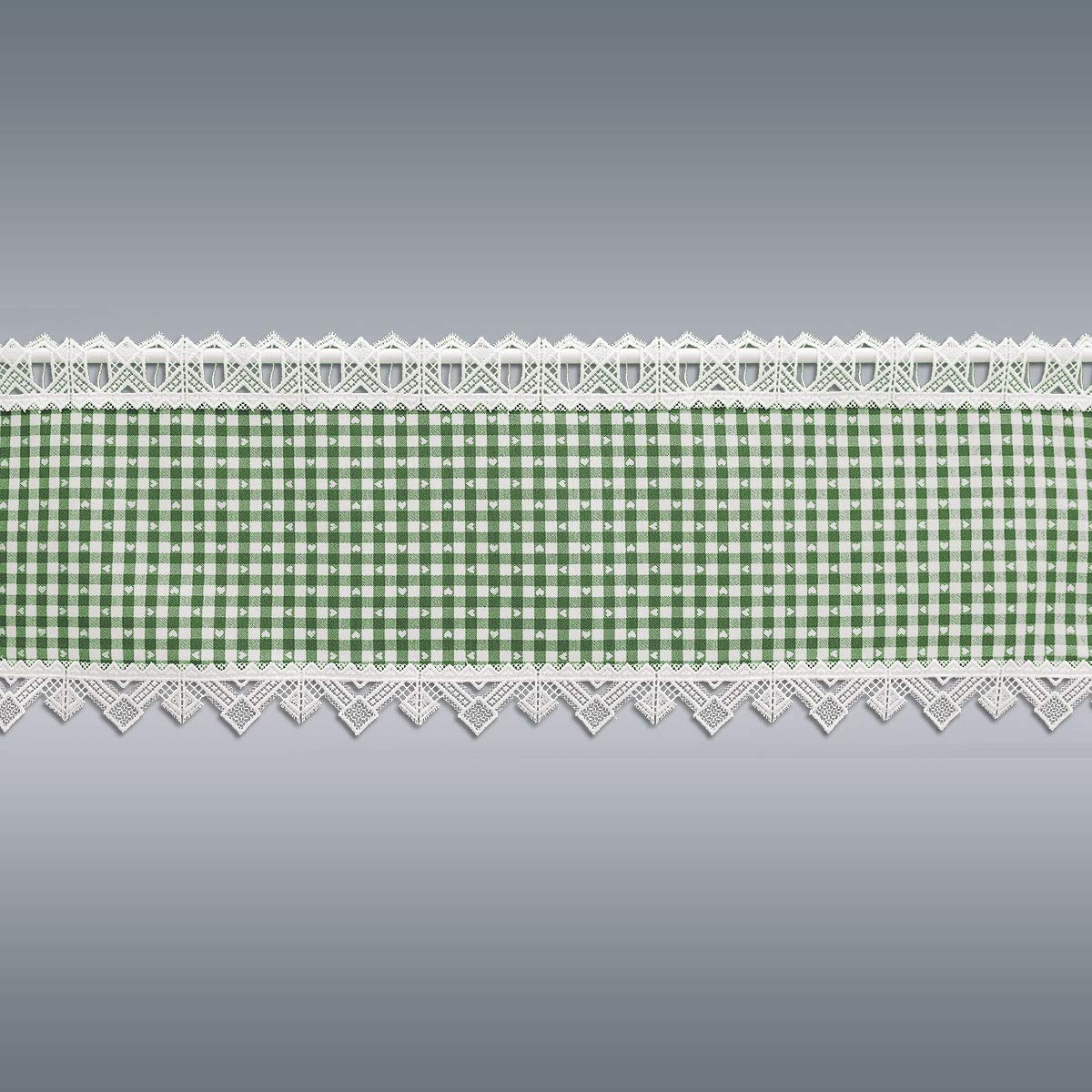 Landhaus-Scheibenhänger Leni grün-weiß karierter Stoff / kleine eingewebte Herzen / Kurzgardine mit weißer Spitzenkante und Lochschaube aus feiner Vogtländischer Stickerei / 27 cm Höhe