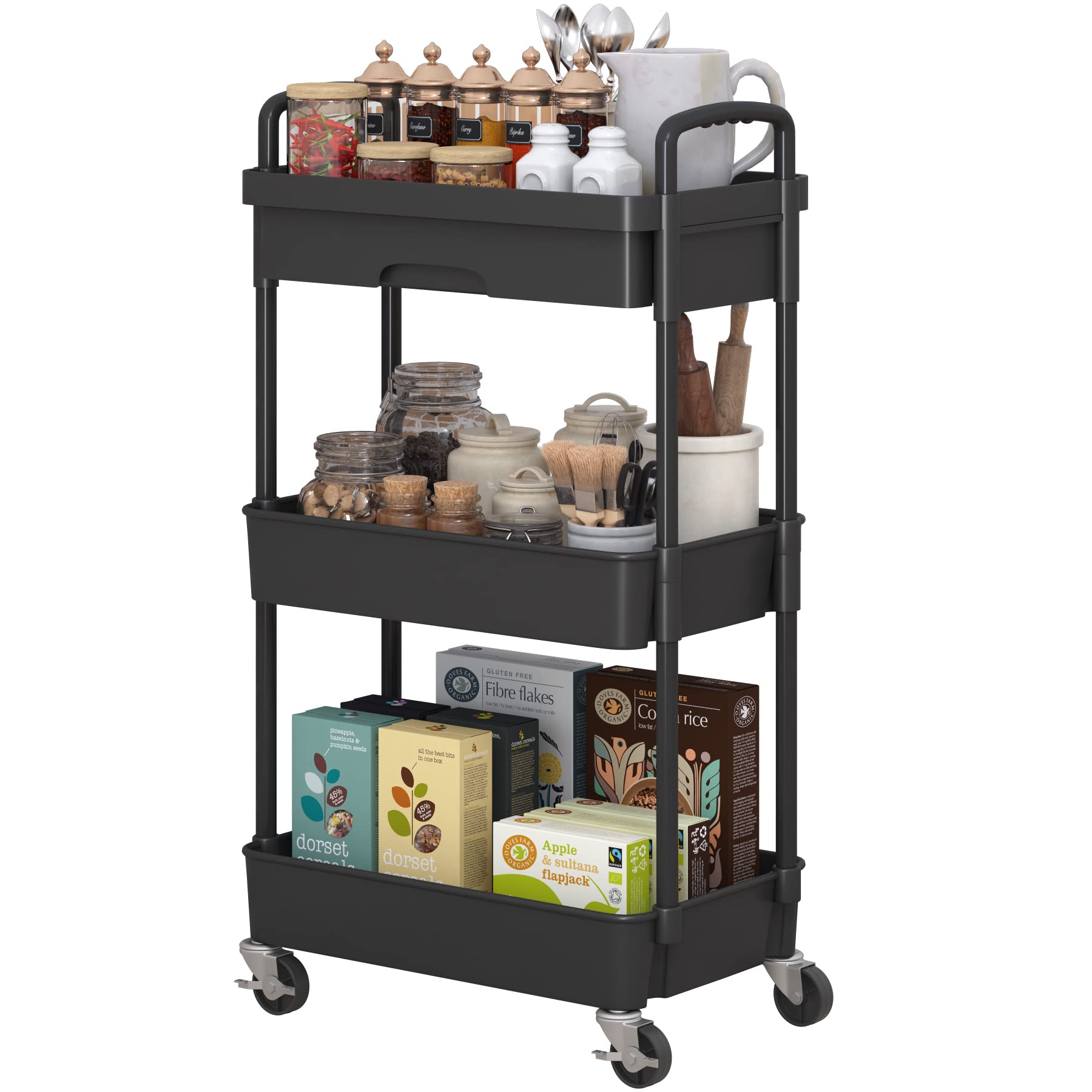Dttwacoyh 3-Tier Rolling Cart,Trolley with Drawer, Multifunctional Storage Organizer with Plastic Shelf & Metal Wheels, Kitchen Storage Cart for Living Room, Kitchen, Office, Bathroom, White