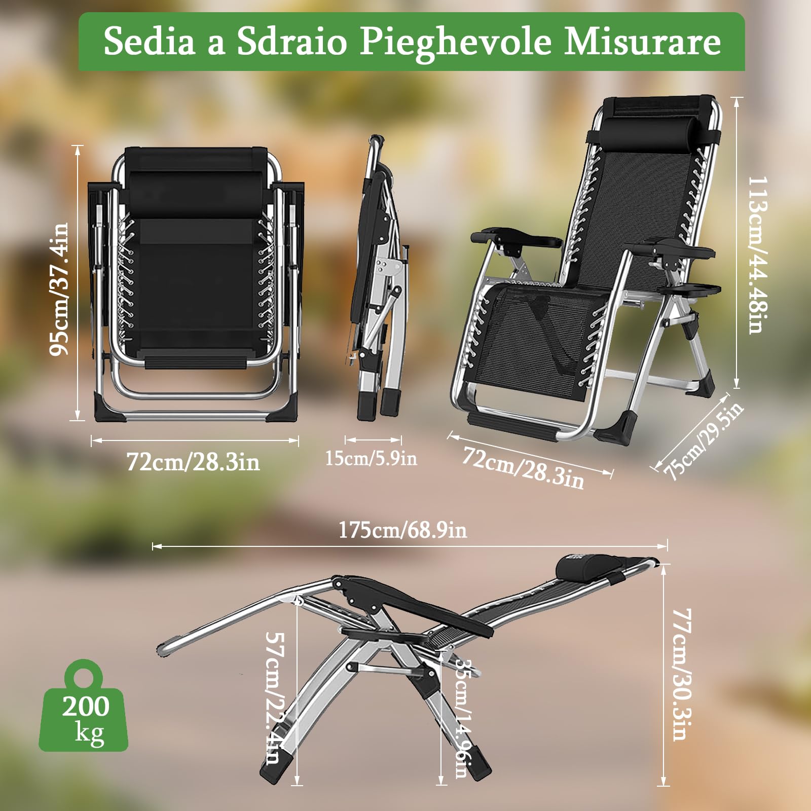 Sedia a Sdraio Pieghevole Largo 72 cm Sdraio da Giardino Esterno con Stuoia e Copertura Sedie, Nero Sdraio da Campeggio con Schienale Regolabile per Spiaggia,Giardino,Piscina, Viaggi