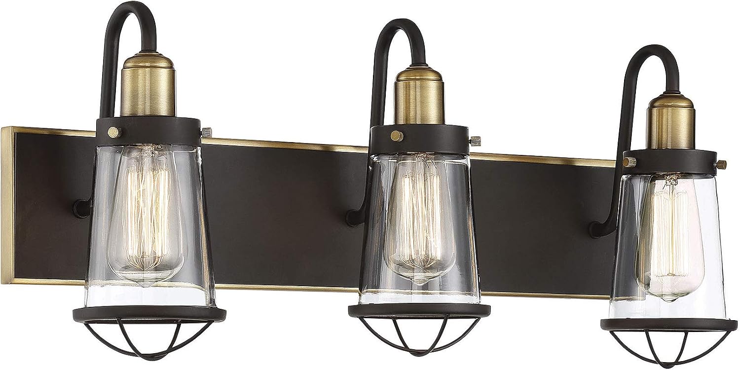 Savoy House 8-1780-3-79 Lansing Industrial Nautical Clear Glass Bathroom Vanity Wall Light, 3-Light 180 Total Watts, 10" H x 24" W, English Bronze and Warm Brass