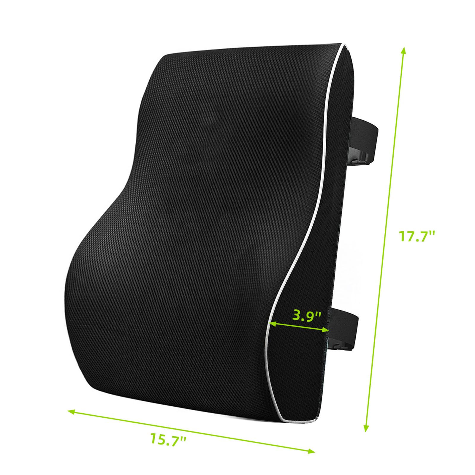 Cuscino lombare in memory foam con doppie cinghie regolabili per sedia da ufficio, auto, sedia da gaming, poltrona reclinabile e sedia da computer per alleviare dolore alla schiena,Black-45*40*10cm