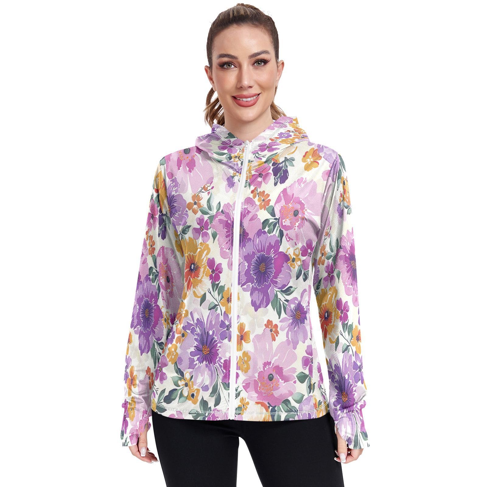 Kigai Flower Women's UPF 50+ Sun Protection Hoodie Jacket with Pocket Zip Long Sleeve Sun Shirt for Gardening Hiking Outdoor