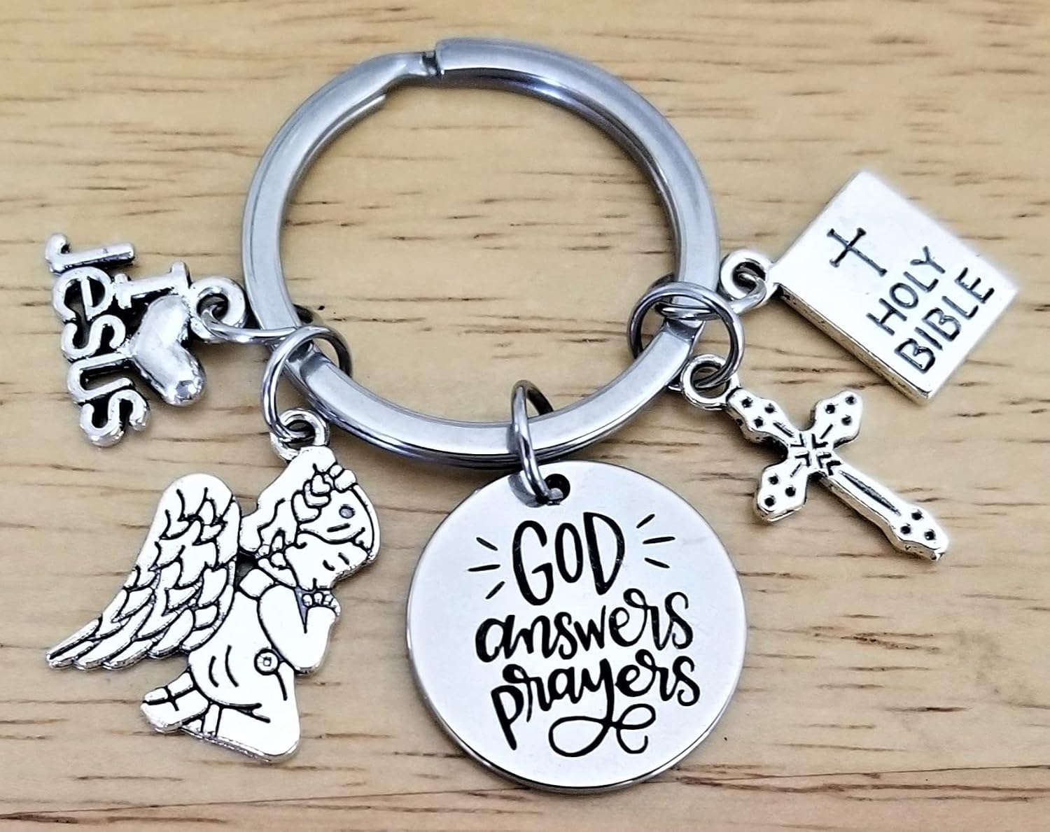Kit's Kiss Christian Gift Religious Keychain Jesus Keychain I Love Jesus Cross Holy Bible Angel Prayer Charm God Answers Prayers Keyring,Silver,KG01 image 2