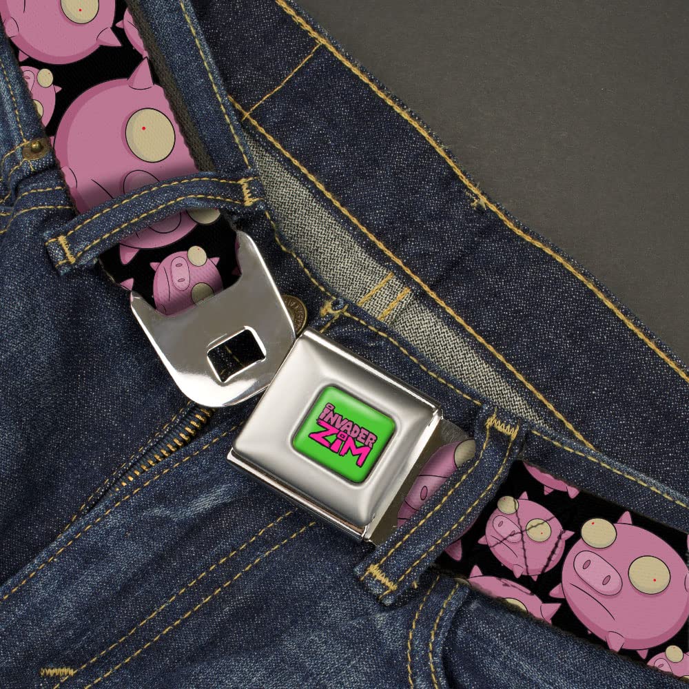 Nickelodeon Belt, Seatbelt Buckle Belt, Invader Zim Pigs Scattered Black Pinks, Youth 20 to 36 Inches