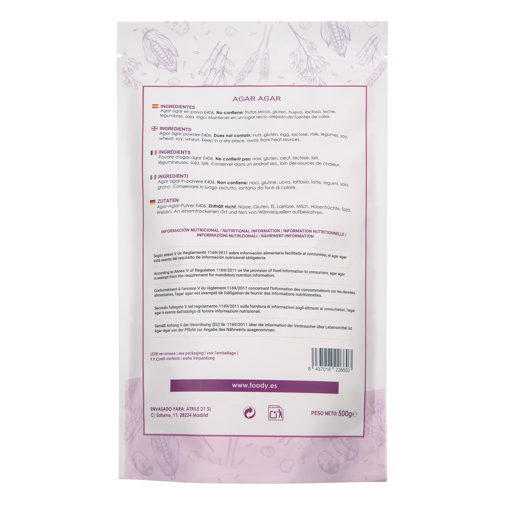 Agar Agar en polvo - Ideal para cocinar, sustituto vegano de la gelatina – Origen España - Producto natural 500g. Envase Doypack zip