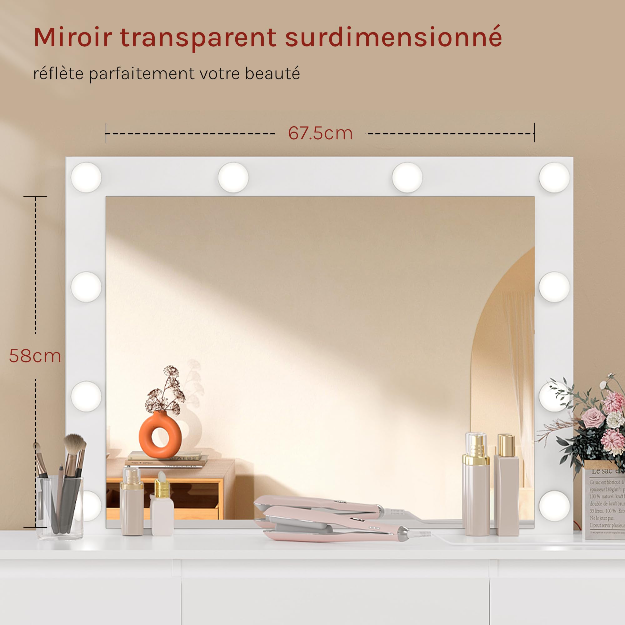 WOLTU Coiffeuse avec Miroir LED, Luminosité Réglable, Table de Maquillage avec Multiprise, 7 Tiroirs, 110x39,5x140,5 cm, Commode Chambre Blanc, MB6124ws