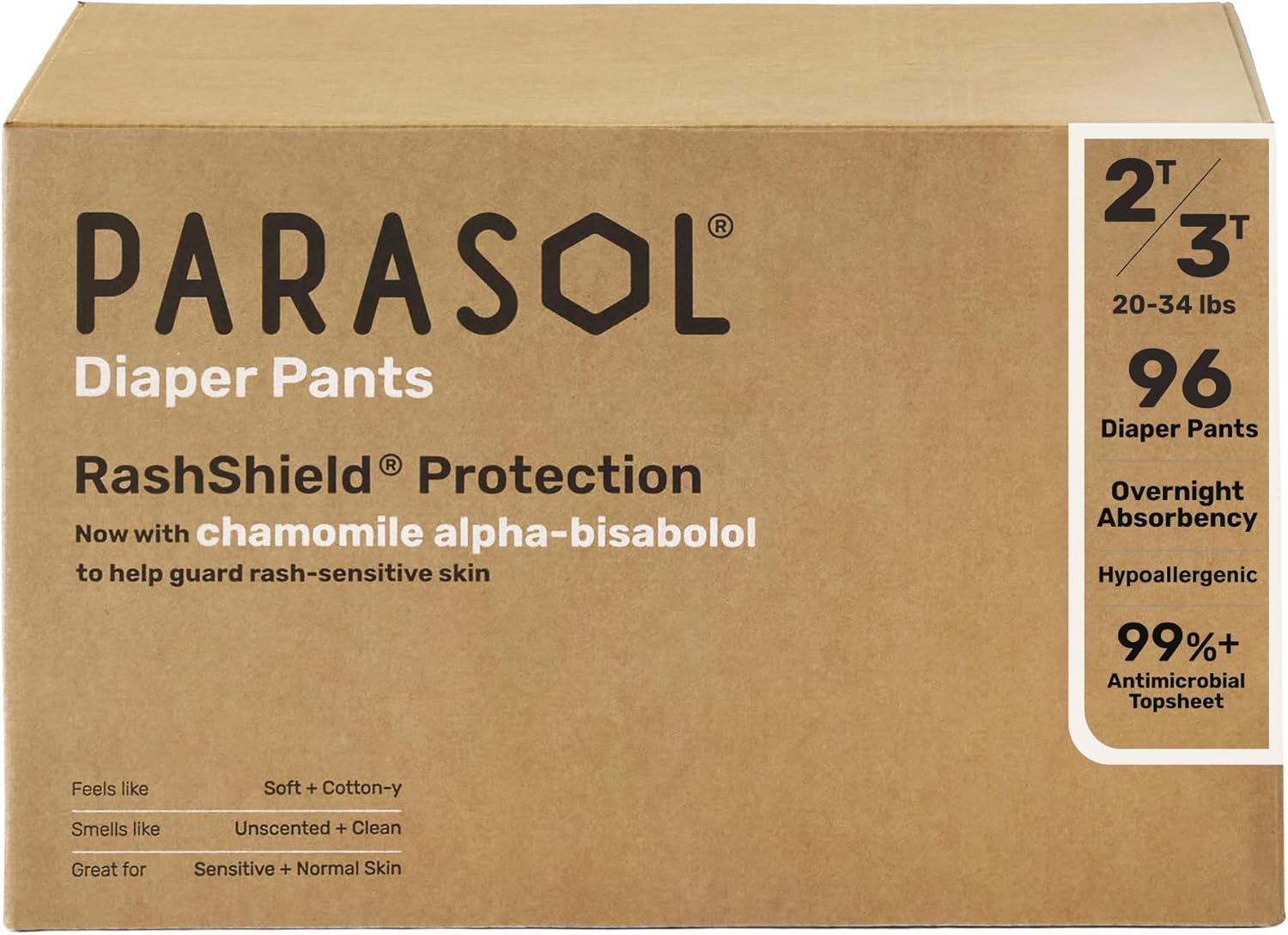 Parasol Clear+Dry Natural Disposable Diaper Pants, RashShield Protection and Active 360 Comfort Wrap, Hypoallergenic Training Diapers, Size 4 (2T-3T), 96 Count