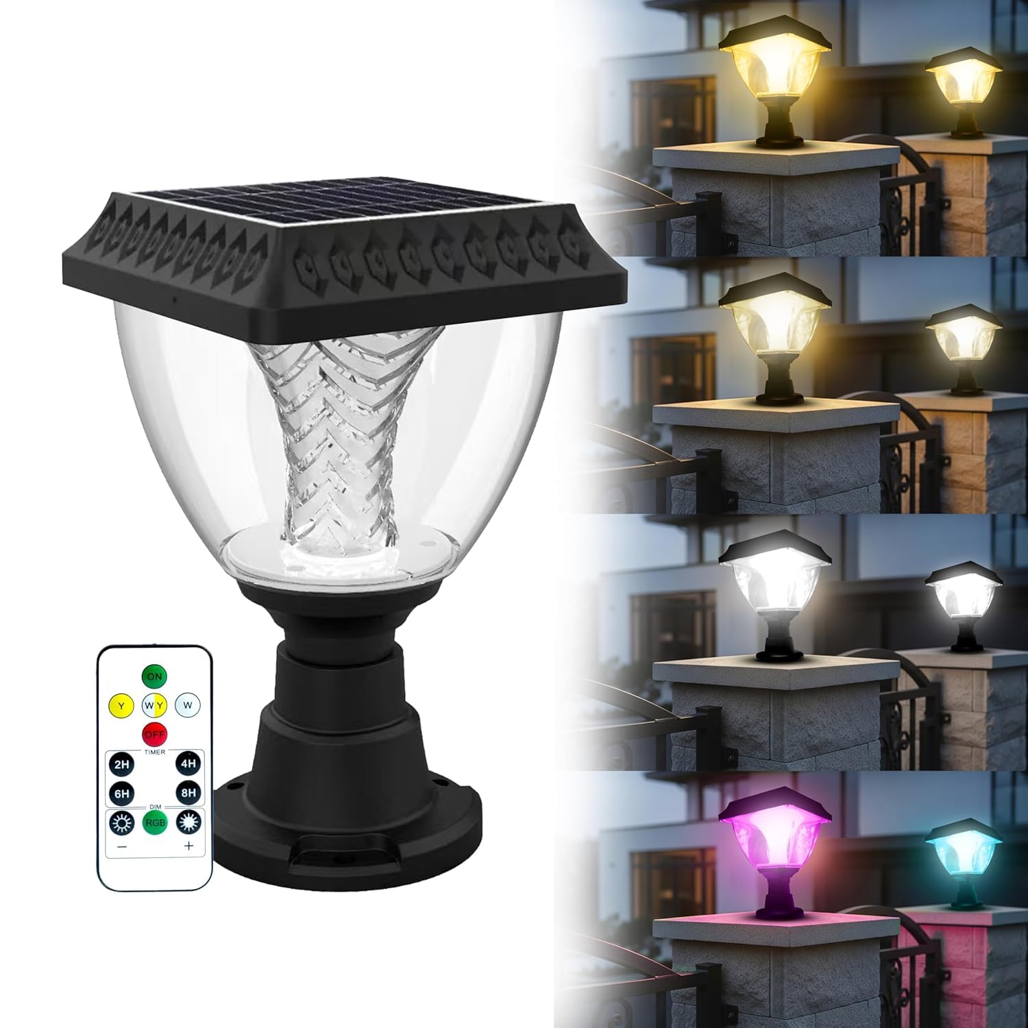 kh Solar Gate Light with Remote Control | Warm White, Cool White & RGB Modes | 10W LED Post Lamp | IP65 | Automatic Dusk to Dawn | Solar Pillar Light for Gate, Garden, Wall & Boundary-image-2