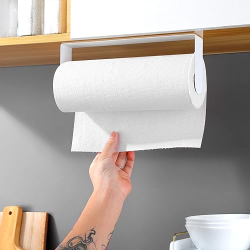 Miniatura 3 de YIGII Toallero de papel adhesivo debajo del gabinete, toallero de papel de acero inoxidable para pegar en la pared para cocina, color blanco