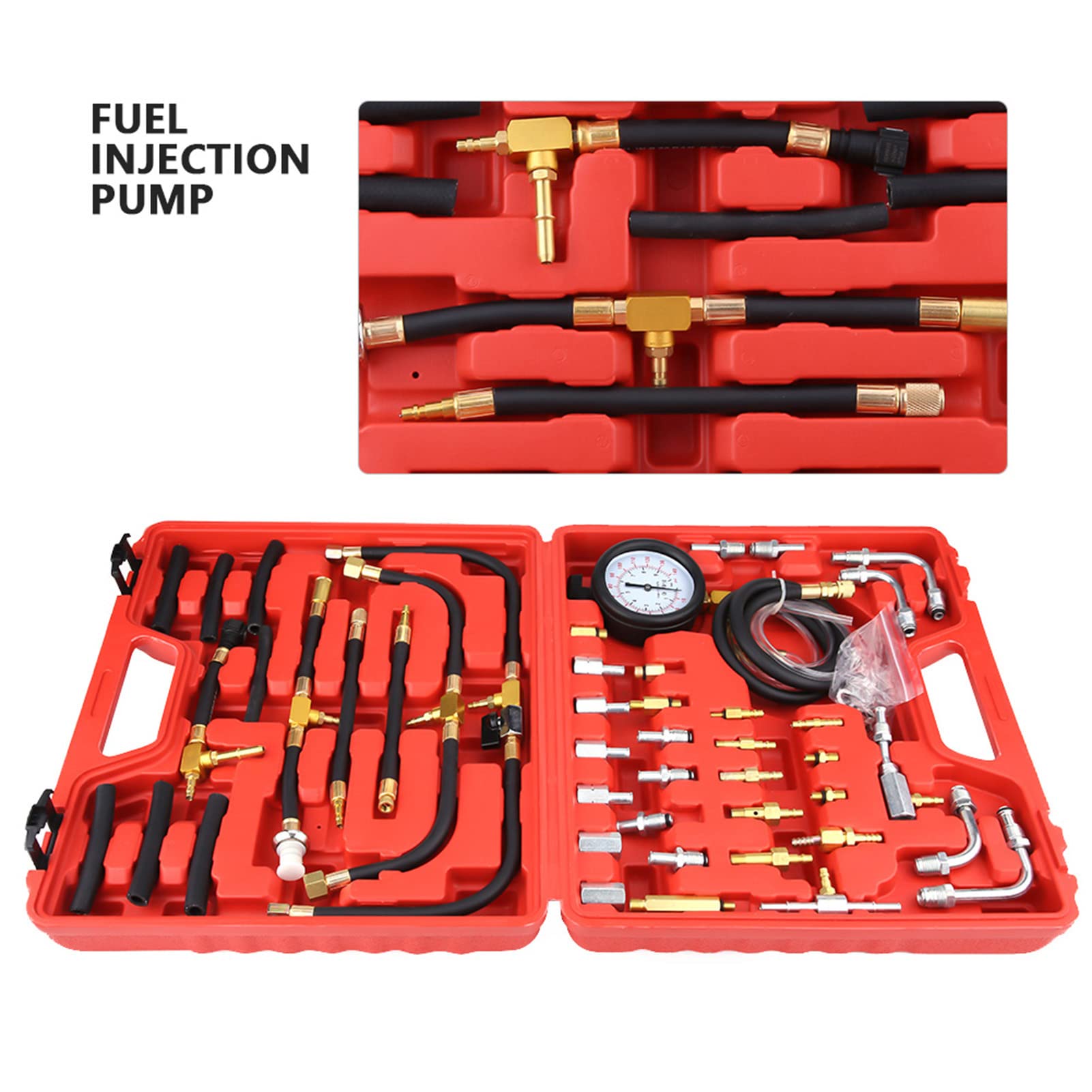 Keenso Kit de prueba de presión de combustible de gasolina, herramienta de diagnóstico de bomba de inyección de combustible de cobre y caucho, de 0 a 140 PSI con válvula de alivio y adaptadores para