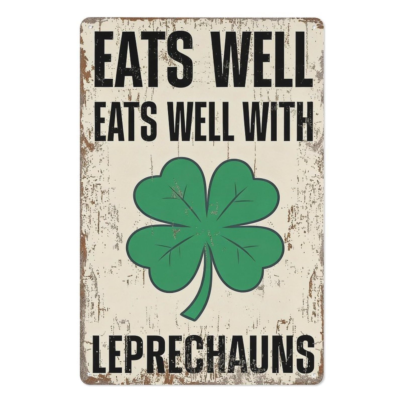peiyeety St Patrick’s Day Metal Tin Sign 8x12 Inch, Eats Well With Leprechauns Green Clover Pub Bar Wall Decor Plaque, Irish Holiday Wall Art