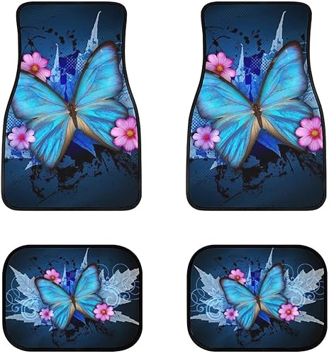 Delerain Tapetes de automóvil de 4 piezas con diseño de flor de mariposa azul, parte delantera y trasera de goma, tapetes para todo tipo de clima,