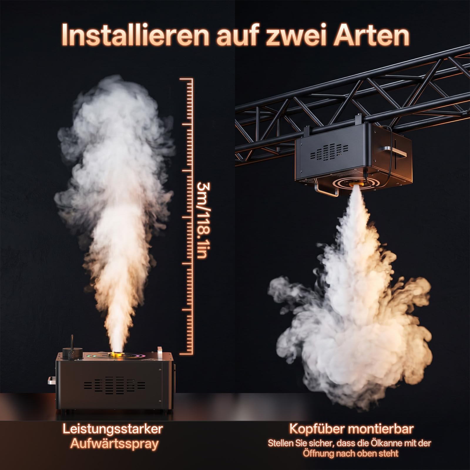 Nebelmaschine, 1500W Hängbare Rauchmaschine DMX mit 6 RGB LED und 2 Lichtringen, 3000CFM Smoke Machine mit Fernbedienung und 4 Lichteffektmodi für Bühne Hochzeit Halloween Weihnachten