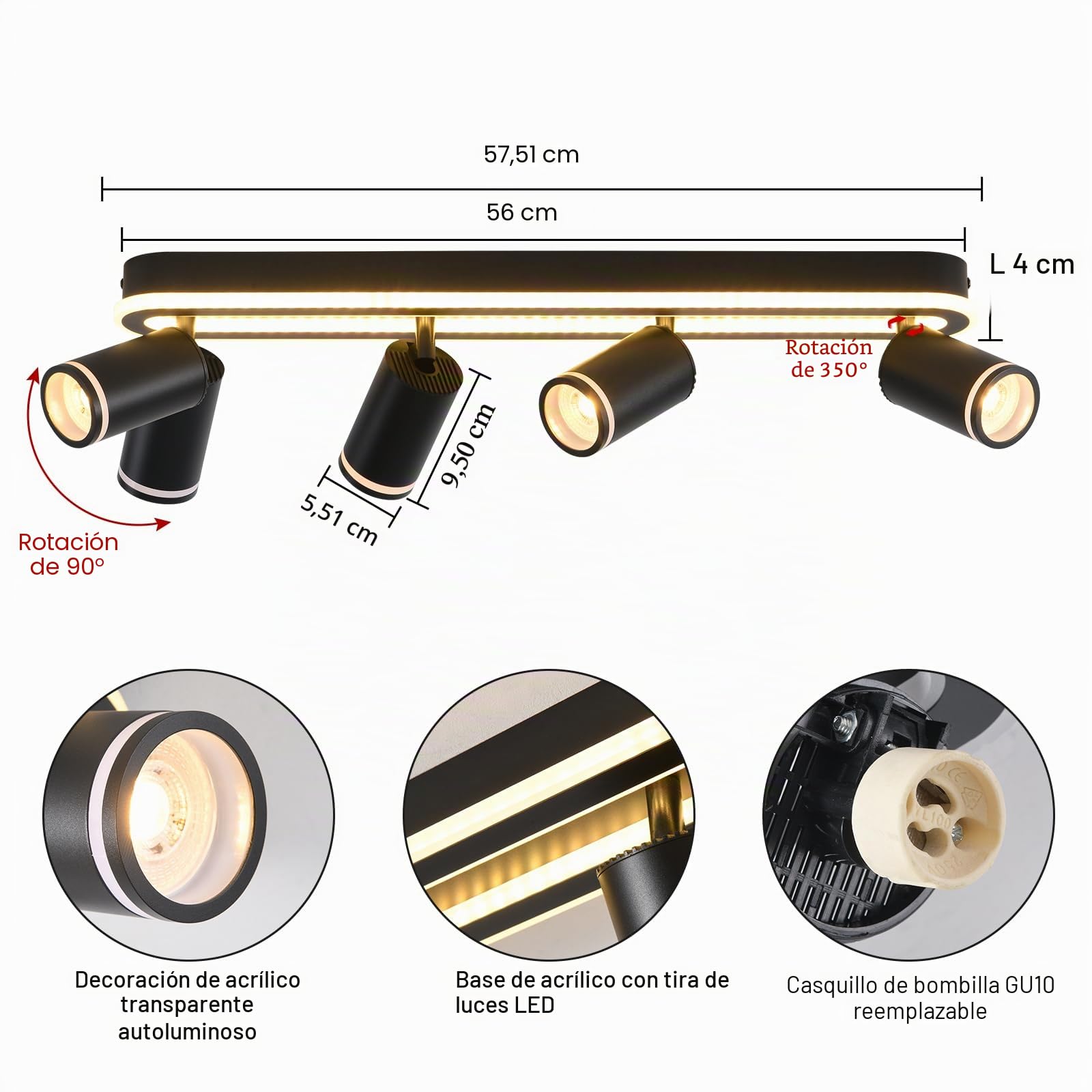 MYCUL Lampara tech 4 llamas orientable 350°,Foco de techo con resplandor inferior 36W+4x5W focos GU10,3000K blanco cálido focos led interior,Lámpara de techo moderna,Foco para cocina,Salón Negro