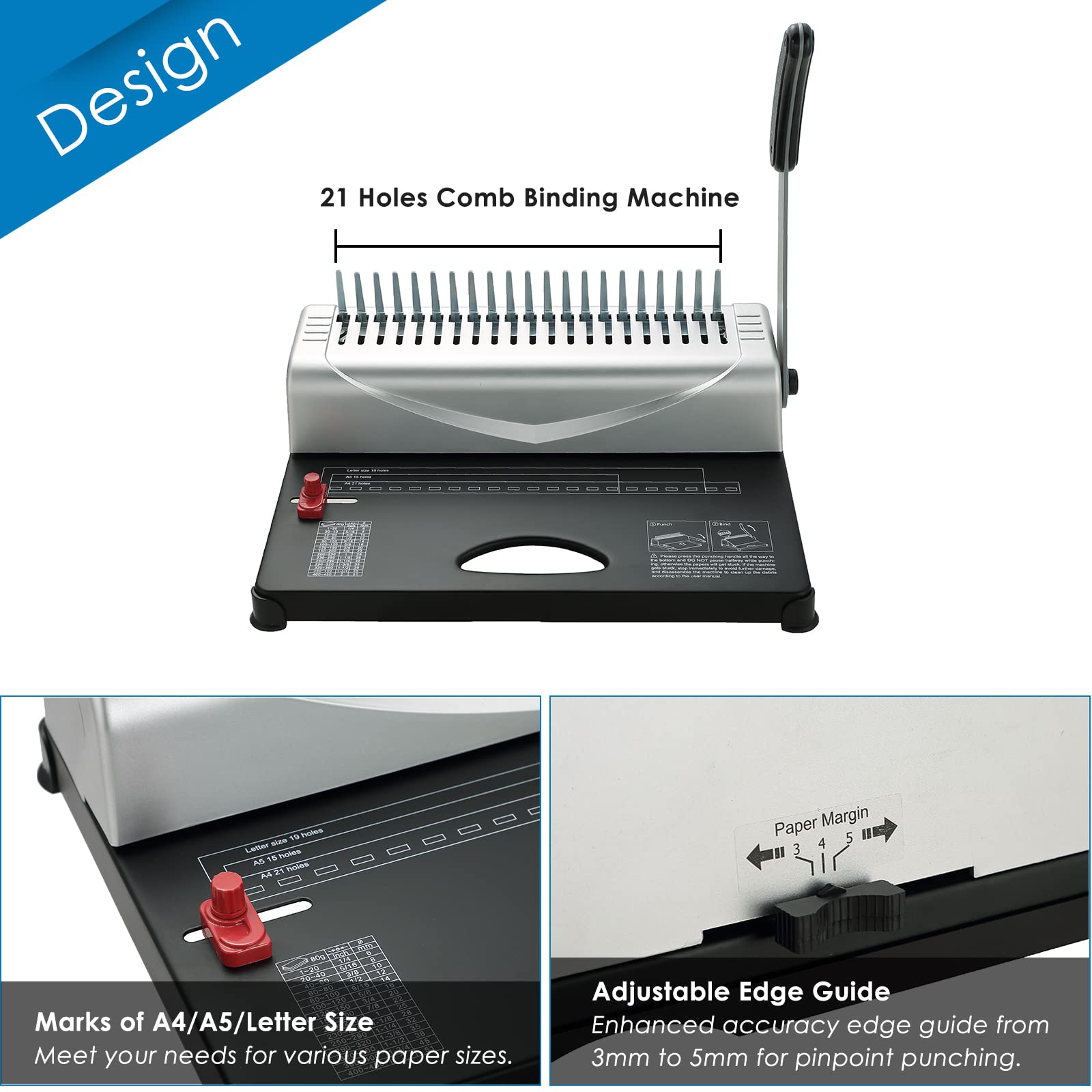 FLKQC Binding Machine 21 Holes Punch Binding Comb Machine, 450 Sheets, Paper Punch Binder with
