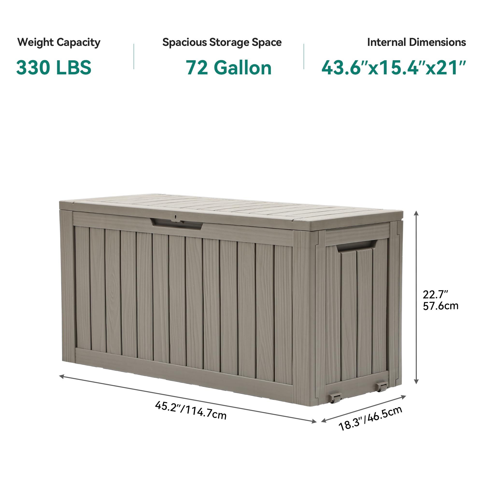 Diagram showing the dimensions of the YITAHOME 72 Gallon Outdoor Storage Box: 45.2 inches length, 18.3 inches width, and 22.7 inches height.