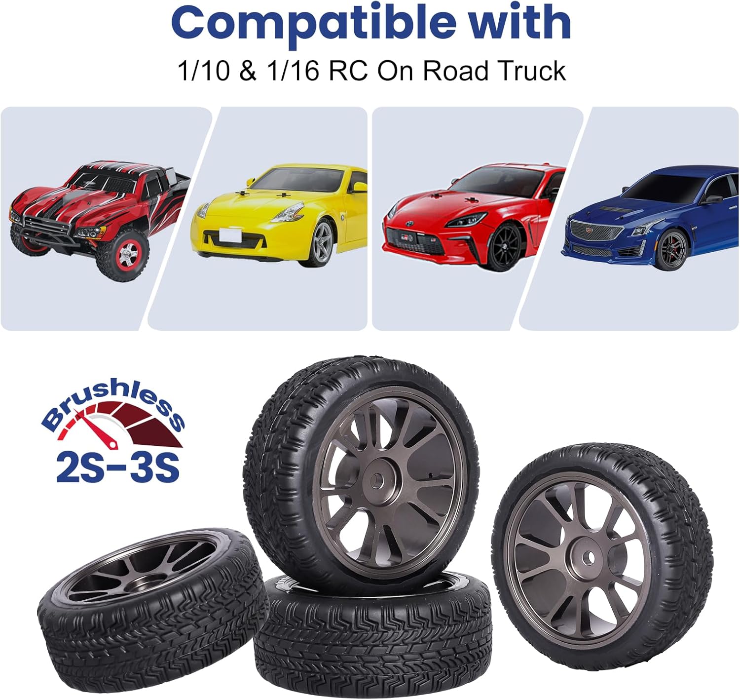 GoHooby 2.55in Rubber Tires&12mm Hex Wheel Rims Pre-Mounted Set, Compatible with Traxxas Tamiya 1/10 RC On-Road Touring Car (Color 1)