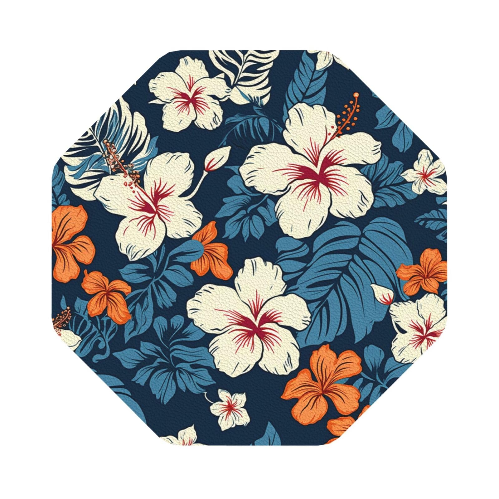 Fodpand Octagon Hawaii Flower Drink Coasters Set Of 4, Heat Resistant Leather Coasters Fuuny Bar Beer Beverage Coaster For Drinks, Absorbent Cup Mat For Tabletop Protection, Housewarming Gift