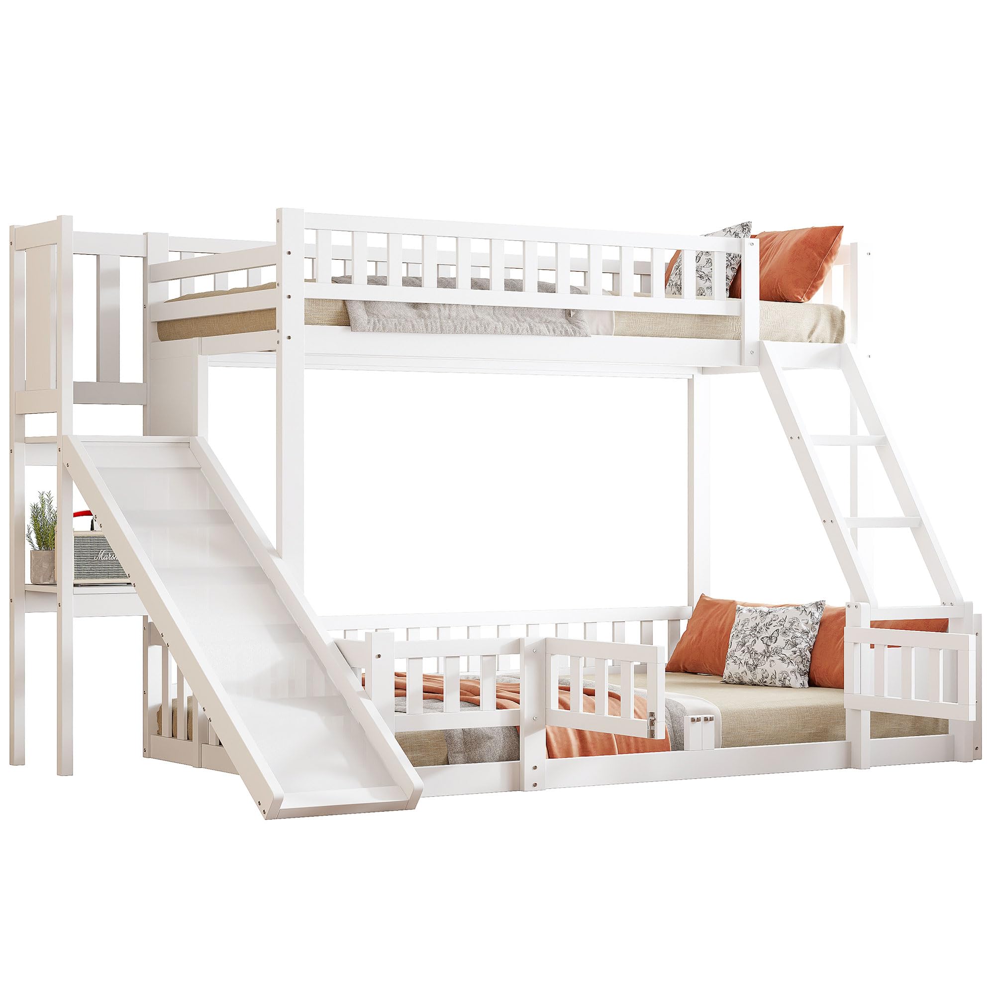Merax Etagenbett Kinderbett 90x200 und 140x200, Hochbett mit Rutsche und Stufen, Mehrere Regale, Bettgestell mit Lattenrost und Ausziehbare kleine Tür(ohne Matratze), Weiß
