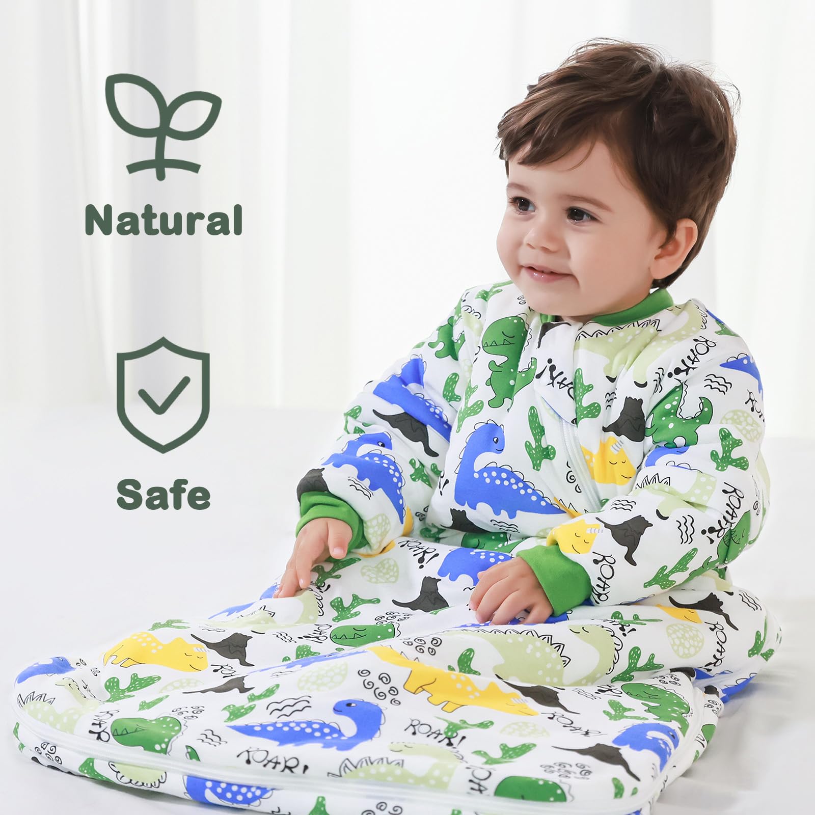 MIKAFEN Baby Sleeping Bag Winter 3.5 tog with removable sleeves, cotton sleeping bag with arms,Dinosaurs 68-80cm/6-14 Monate - Image 2