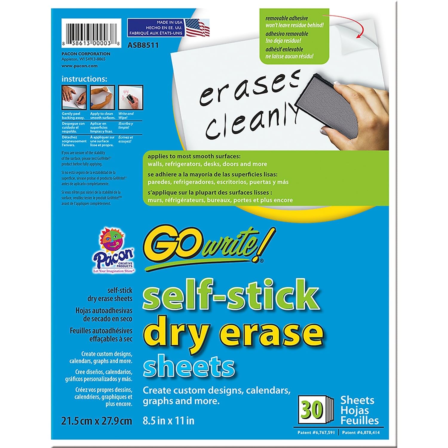 GoWrite! PACASB8511 Self-Adhesive Dry Erase Sheets, White, 8-1/2" x 11", 30 Sheets