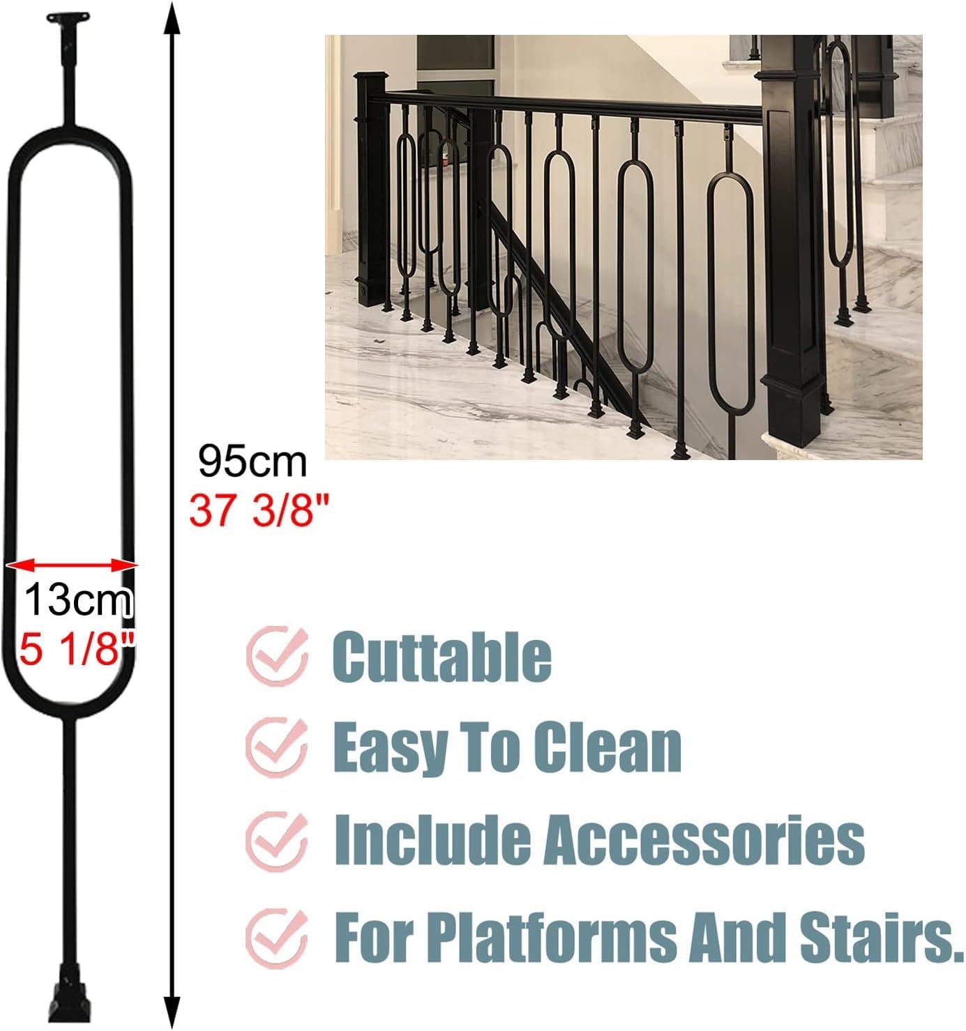 Ensemble de broches de balustre en fer – Angle réglable de 95 cm pour rampe d'escalier intérieur avec chaussure et connecteur, design découpable, type rectangulaire, 1 pièce