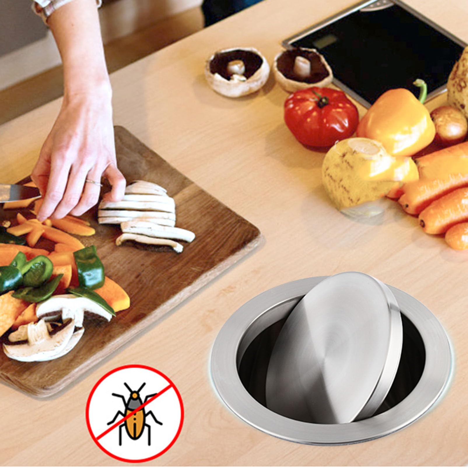 Tapa de cubo de basura integrada de acero inoxidable con solapa, tapa de cubo de basura de cocina para restaurantes, hogar, baño, y diseño elegante