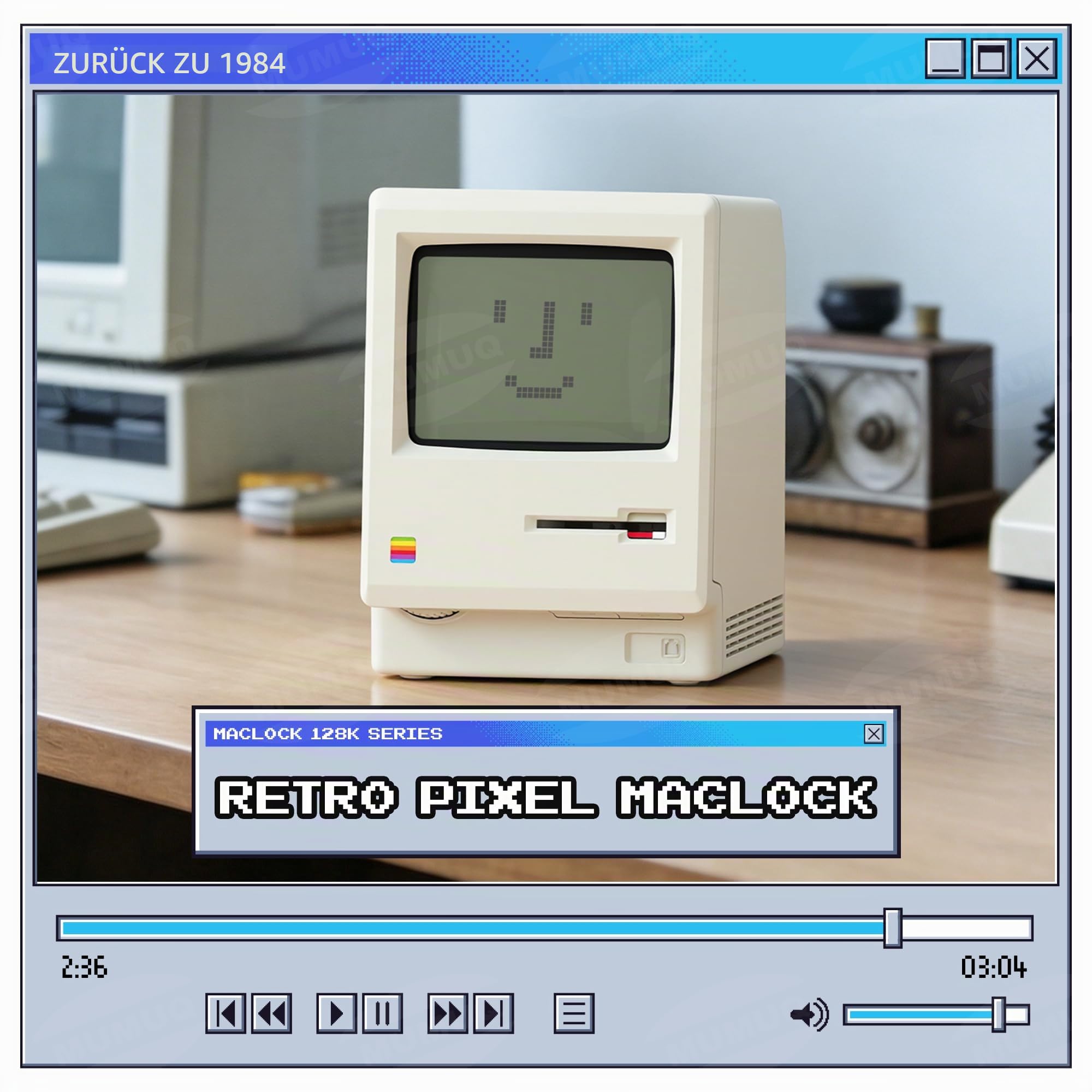 Maclock Retro Wecker Digital Vintage Computer Deko mit Pixel LCD Display | 5 Alarmmodi, Warmes Dimmer & Diskette-Accessoire, Nostalgisches Geschenk für Schlafzimmer, Home Office, Gaming-Setup