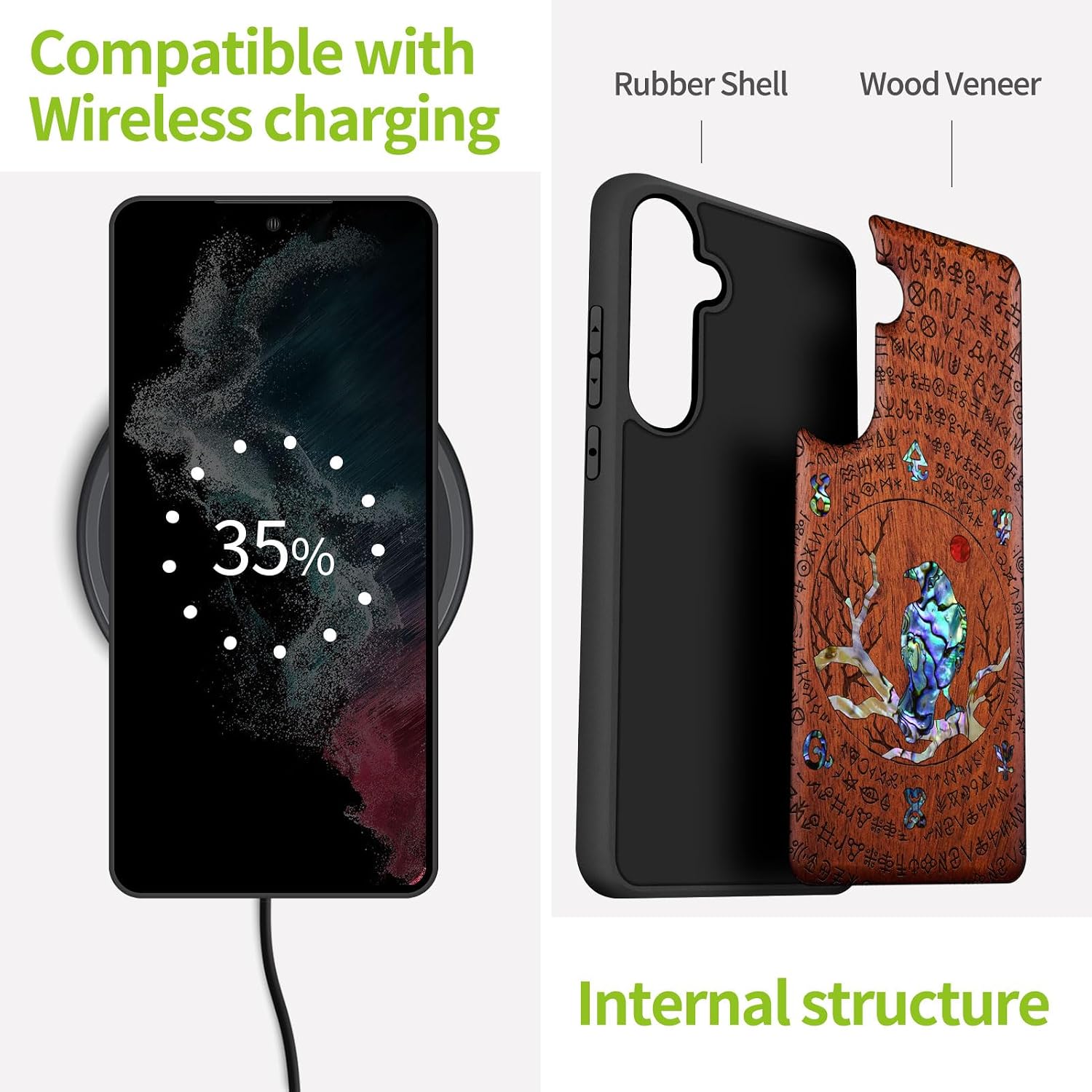 Carveit Designer Wooden Case for Samsung Galaxy S24 Plus Case [Wood Engraving & Shell Inlay] Compatible with Wireless Chargers S24 Plus Cover (Perching Crow-Rosy)