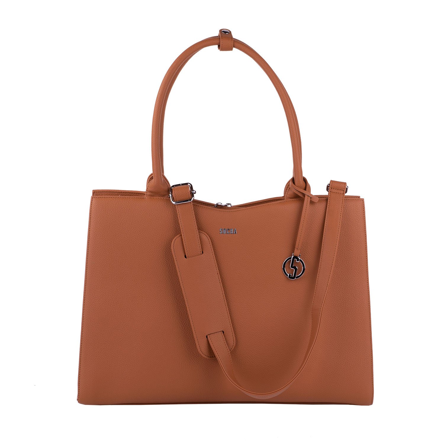 Socha Laptoptasche Damen/Businesstasche Frauen/Aktentasche mit Tragegurt - Elegant - Extra leichte Synthetik - Straight Line Cognac - 15.6 Zoll Braun