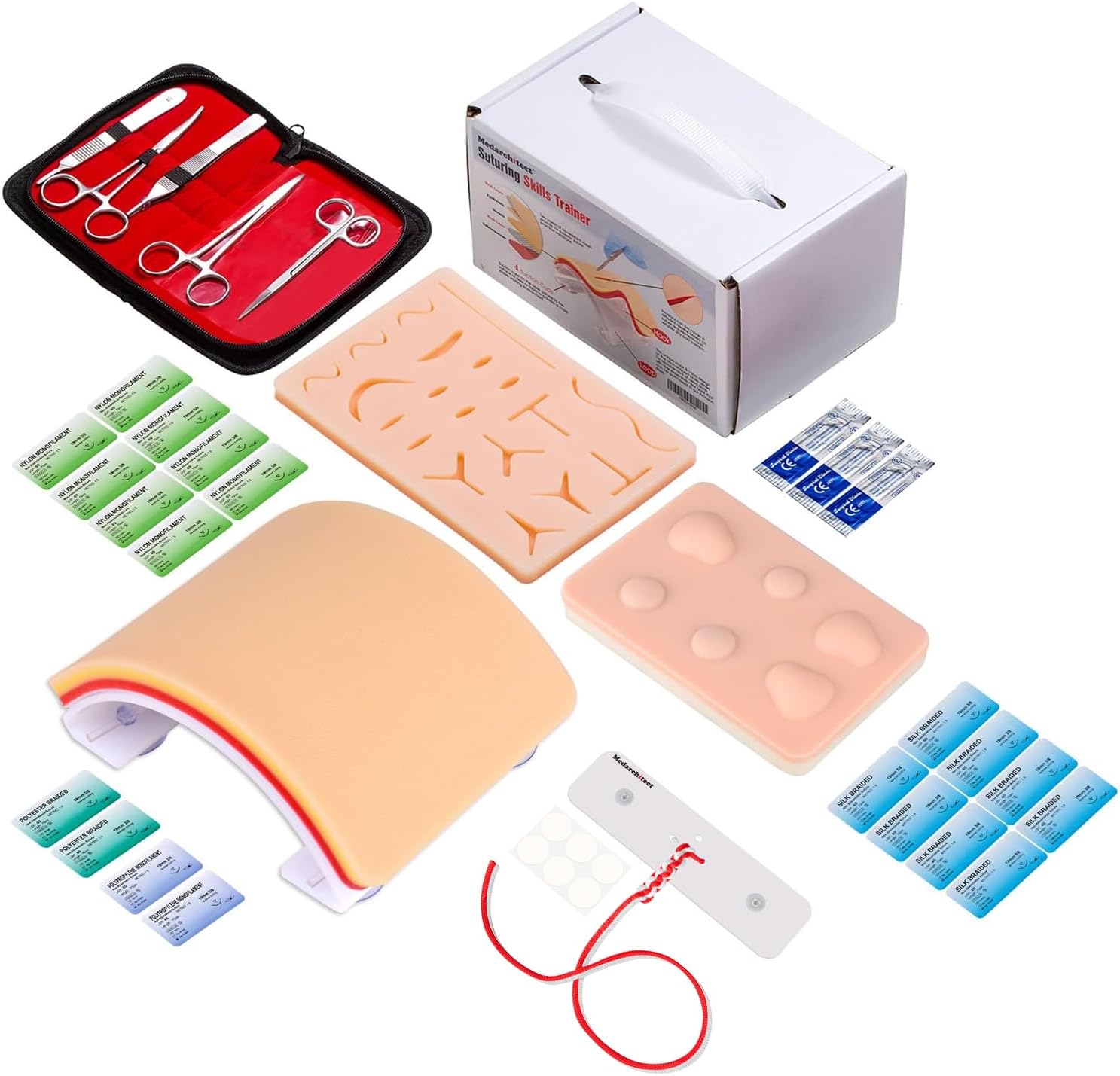 Medarchitect Premium Suturing Skill Trainer & Surgical Knot Tying Practice Board, Including DIY Incision Suture Pad with Hook & Loop Replacement Design, 19 Pre-Cut Wounds Pad & Complete Tools