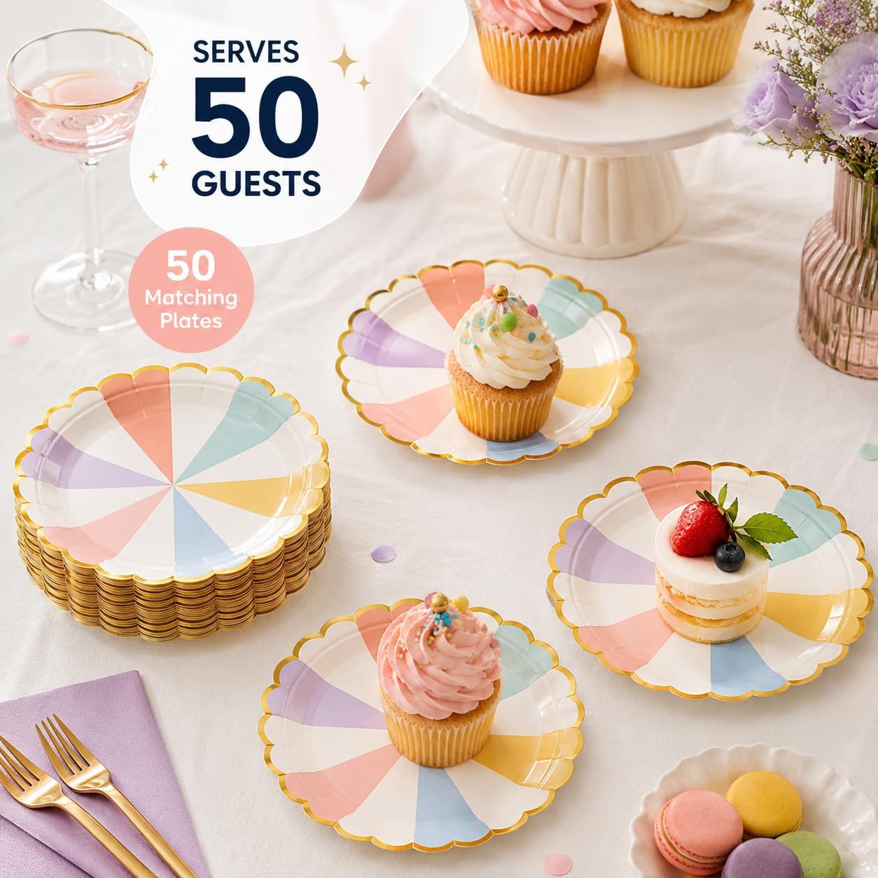 50PCS Rainbow Birthday Party Paper Plates, 7 Inch Scalloped Dessert Plates image 5