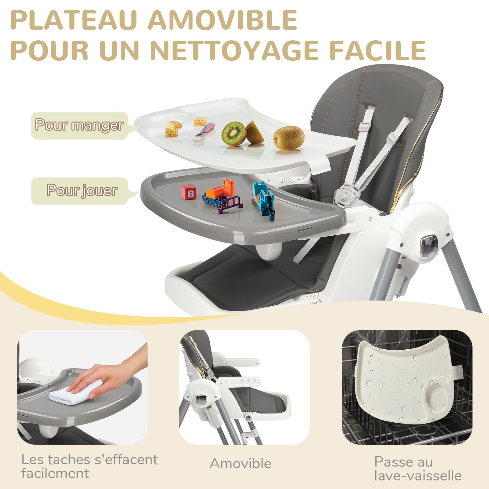 LEADZM Chaise Haute Bébé Pliable, 6 Hauteurs Réglables, Plateau Double Amovible, avec Roulettes Pivotantes, Charge Maximale 15 kg, Convient aux Bébés de 6 à 36 Mois (Gris)