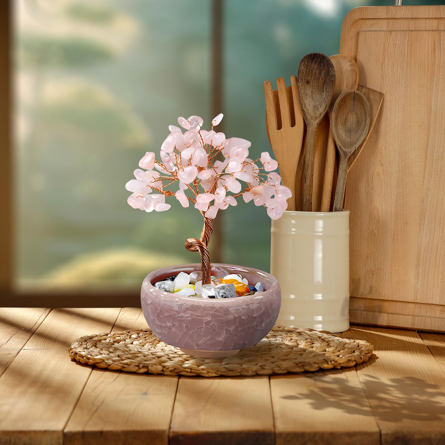 VLYX Rose Quartz Crystal Tree of Life - Handmade Pink Gemstone Money Tree for Home Office Decor Positive Energy Gift for Women - Image 4