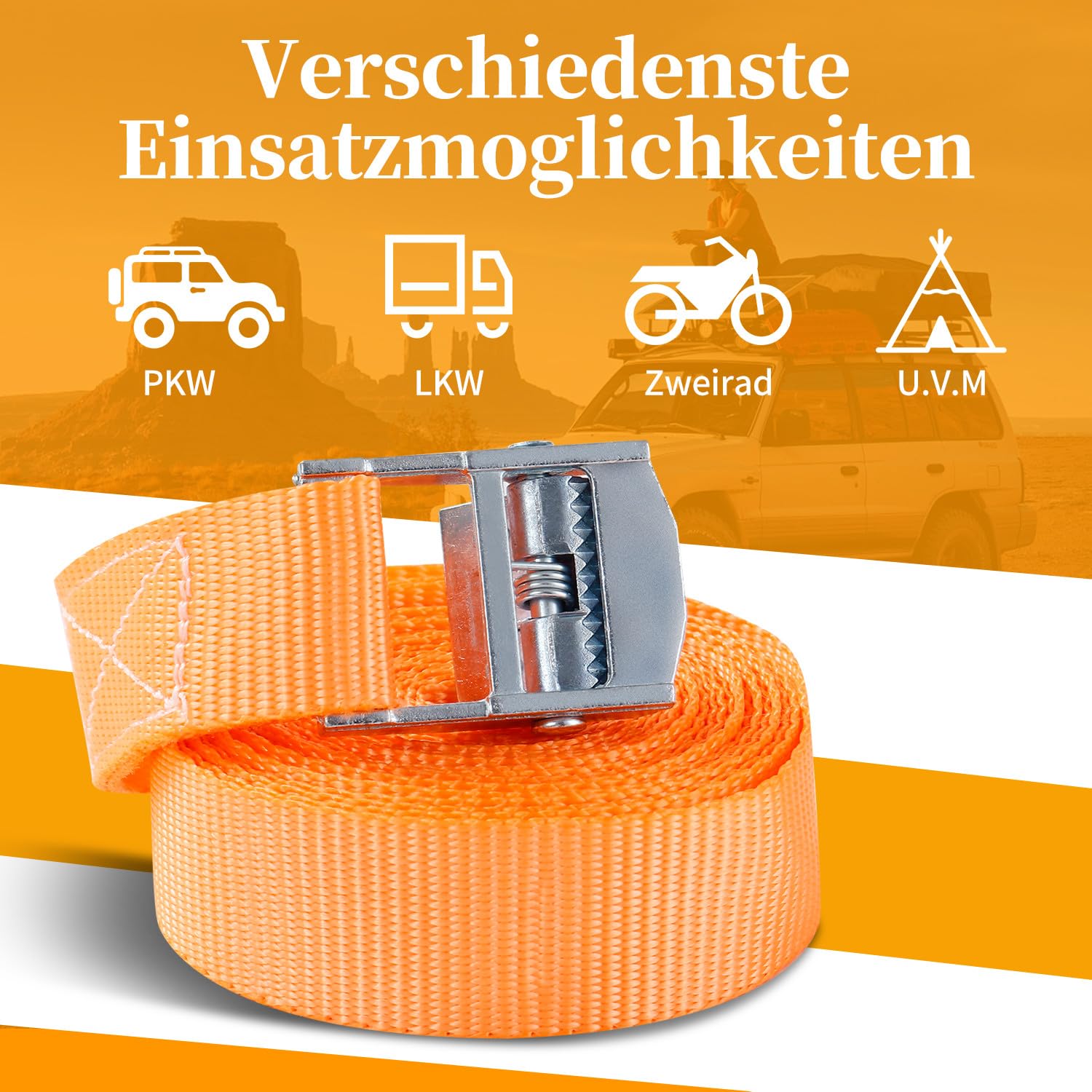 Lot De 10 Sangles D'Arrimage 25 Mm X 2 M Orange – Sangle De Serrage Avec Boucle Métal Robuste – DIN 12195-2