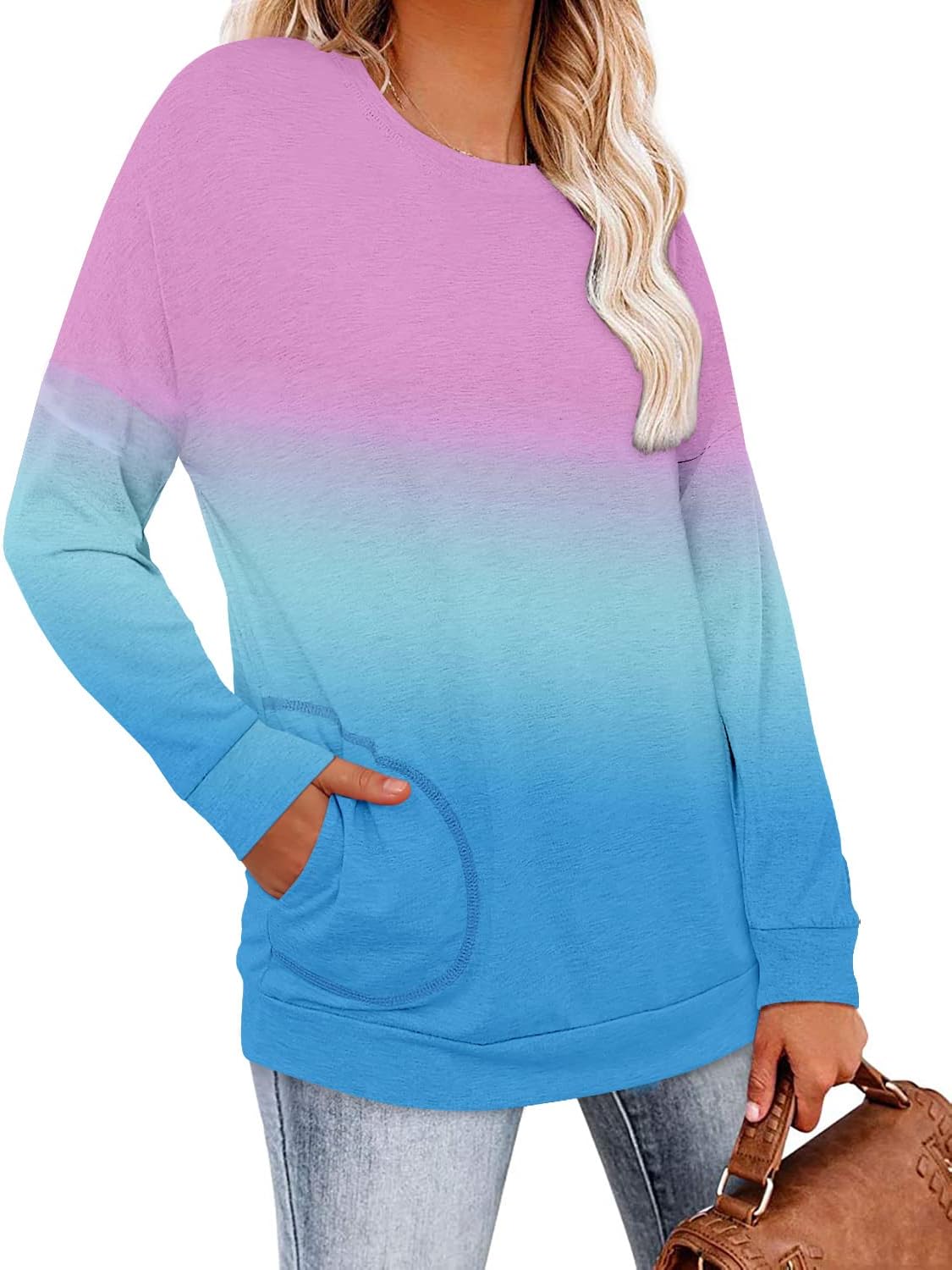 Magritta Winter Ombre Tunic Sweatshirt for Women Slouchy Crew Neck Petite Size Long Sleeve Pullover Shirt Tops with Pockets Pink Blue Small - Image 3