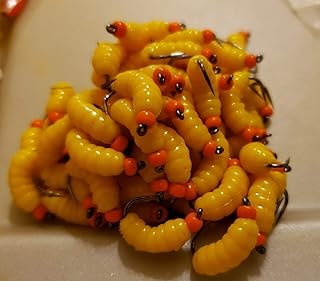 12 Orange BH Rubber Wax Worm Grub FL Yellow Wet Fly