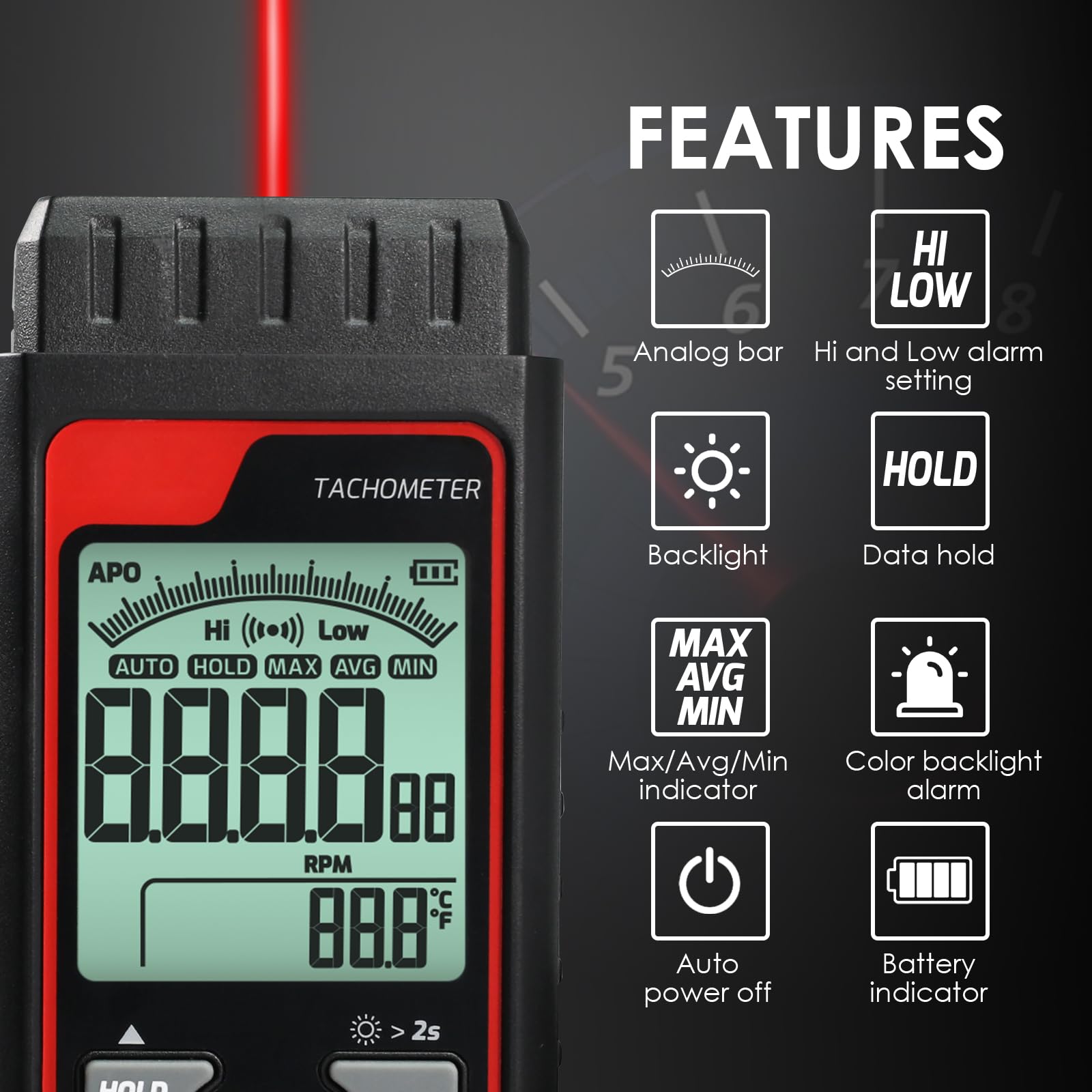 Tachimetro Digitale Senza Contatto RPM Misuratore di Velocità Strumento Laser Foto Tachimetro con 2.5~99999 RPM, Scala a Barre Analogica | Allarmi Personalizzati per Tester di Velocità Motore HVAC