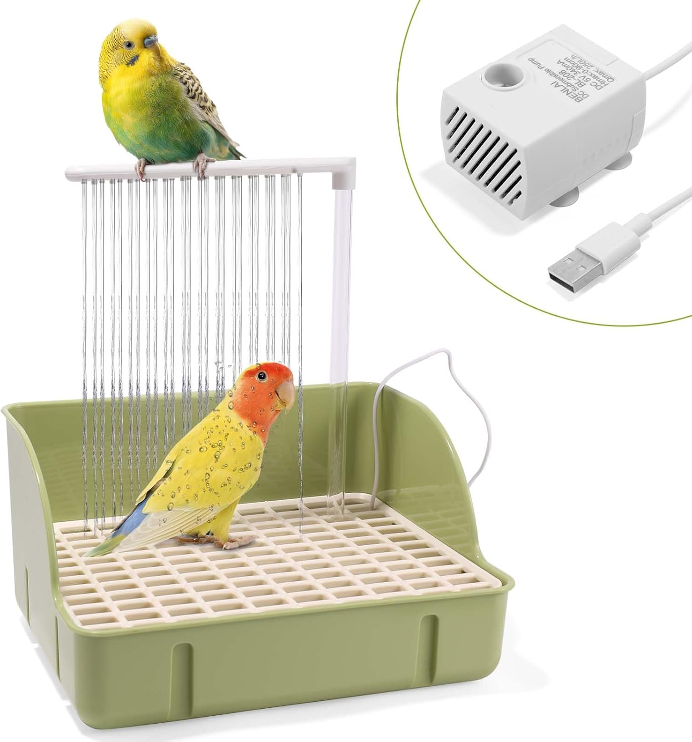 Automatic Parakeet Bird Bath, Large Bird Shower Fountain Automatic Parrot Birds Bath with Pump USB Powered Electric Shower Fountain for Pet Birds African Grey Cockatiel