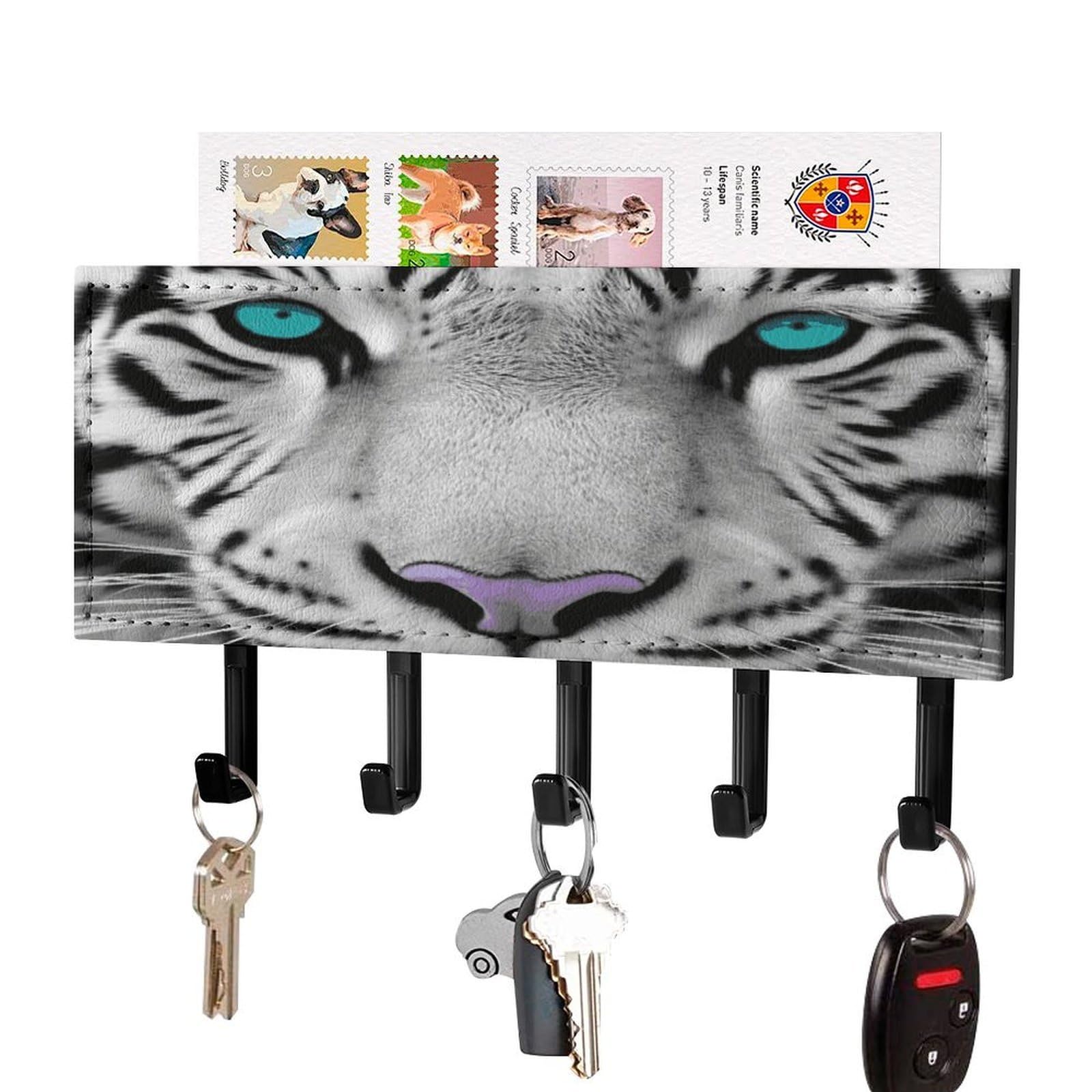 LDGSUPH Tiger with Teal Eyes Key Holder Wall Mount Key Hanger with 5 Hooks Fashion Key Organizer Rack Hanging Key Hooks with Mail Organizer Key Rack for Home Entryway Hallway Black-Style