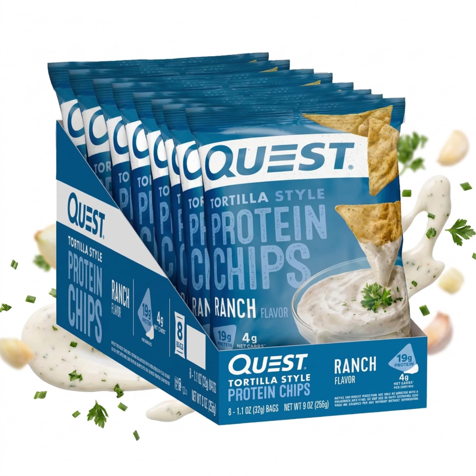Quest Nutrition Tortilla Style Protein Chips, Ranch, Low Carb, Gluten Free, Baked, 1.1 Ounce (Pack of 8) Ranch 9 Ounce (Pack of 1)