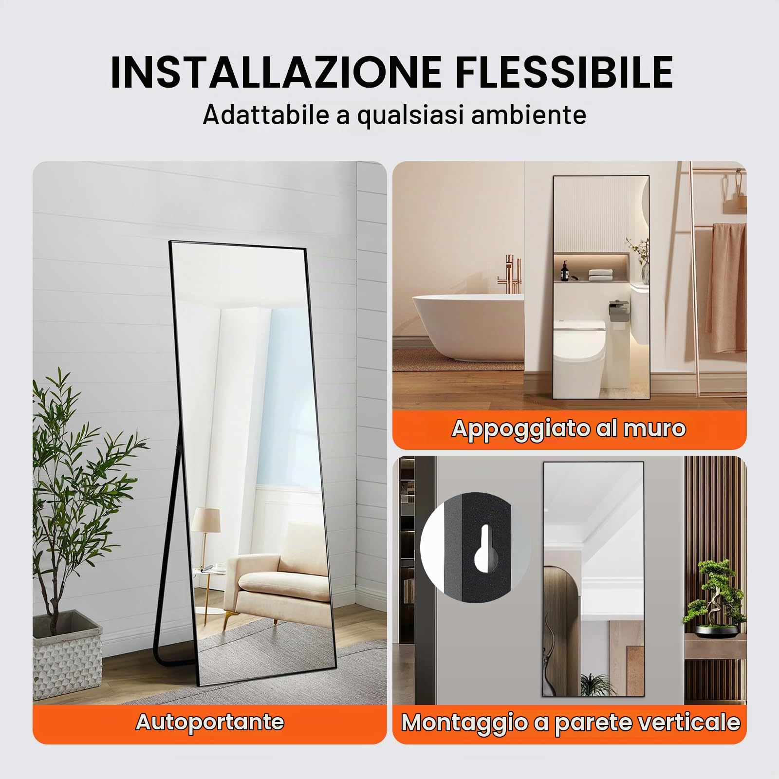VEVOR Specchio a Figura Intera 1800 x 785 mm Extra Grande da Terra, Rettangolare, da Appendere o Appoggiare, Telaio in Lega di Alluminio, da Toeletta per Camera da Letto, Nero