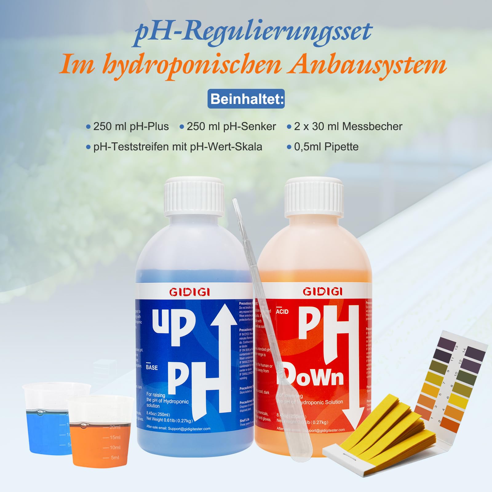 pH Regler Set pH Plus & Minus 2×250ml, pH Up & Down für Hydroponik Aquaponik Erde, Komplett Set mit Pipette Messbecher Teststreifen, pH Wert Einstellung 5,5–6,5