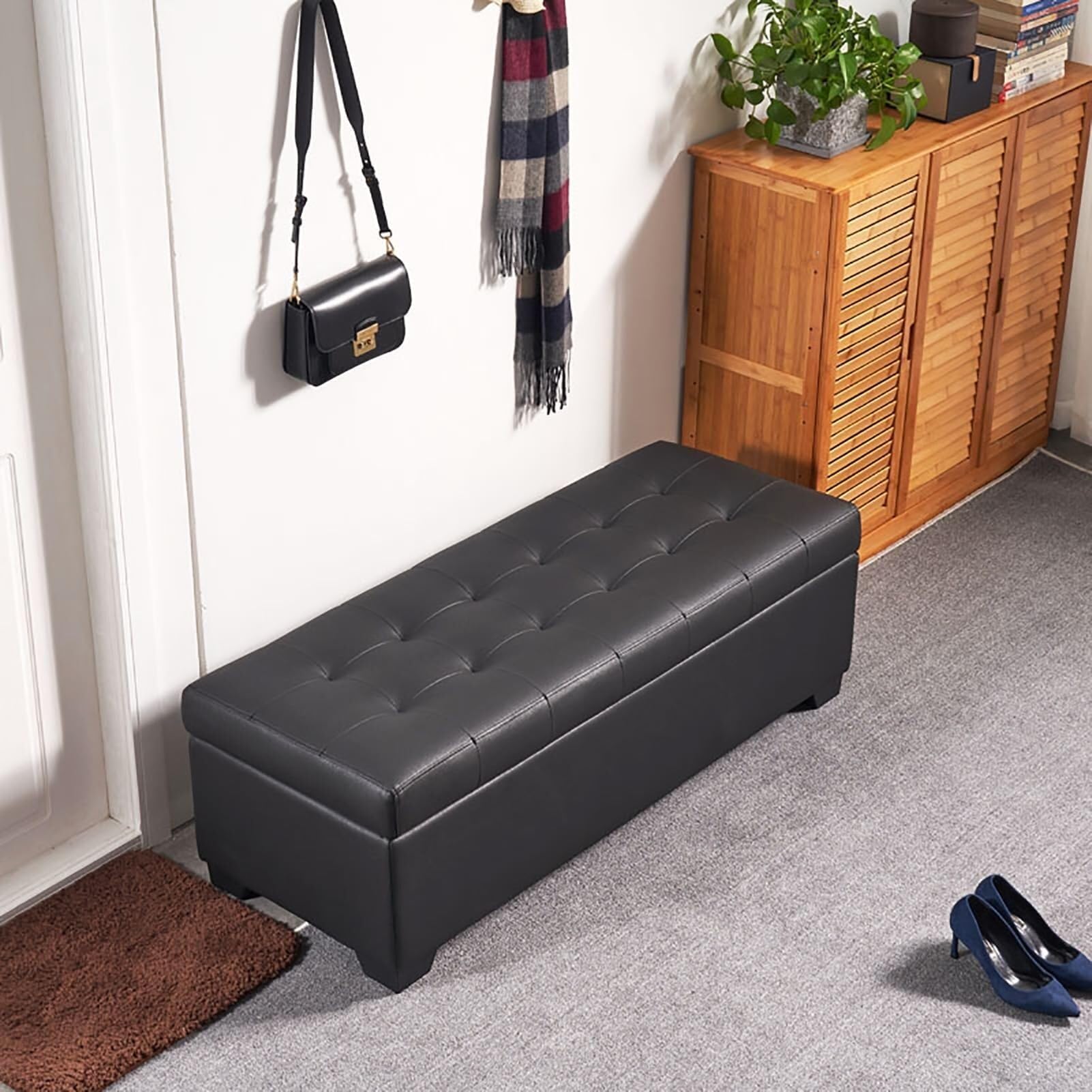 Banc de rangement capitonné noir 80x45x40 cm avec plateau rabattable pour chambre