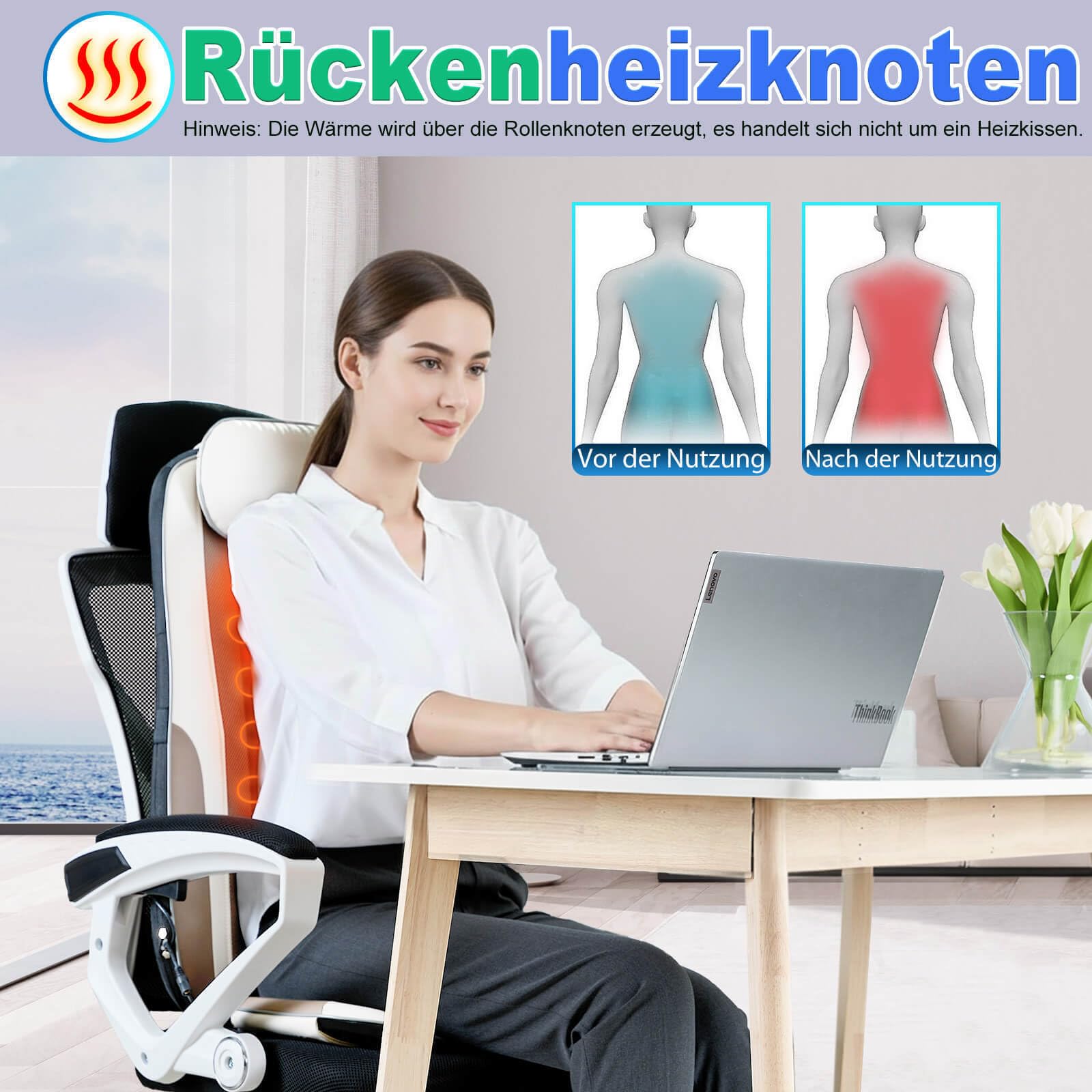 Shiatsu-Rückenmassagegerät mit Wärme, Massage-Sitzkissen für Stressminderung, Tiefenmassage-Knetung & Roller, 2 Vibrationsmotoren, Rücken-, Taillen- und Hüftmassagegerät, PU-Leder, mit 2 Netzteilen