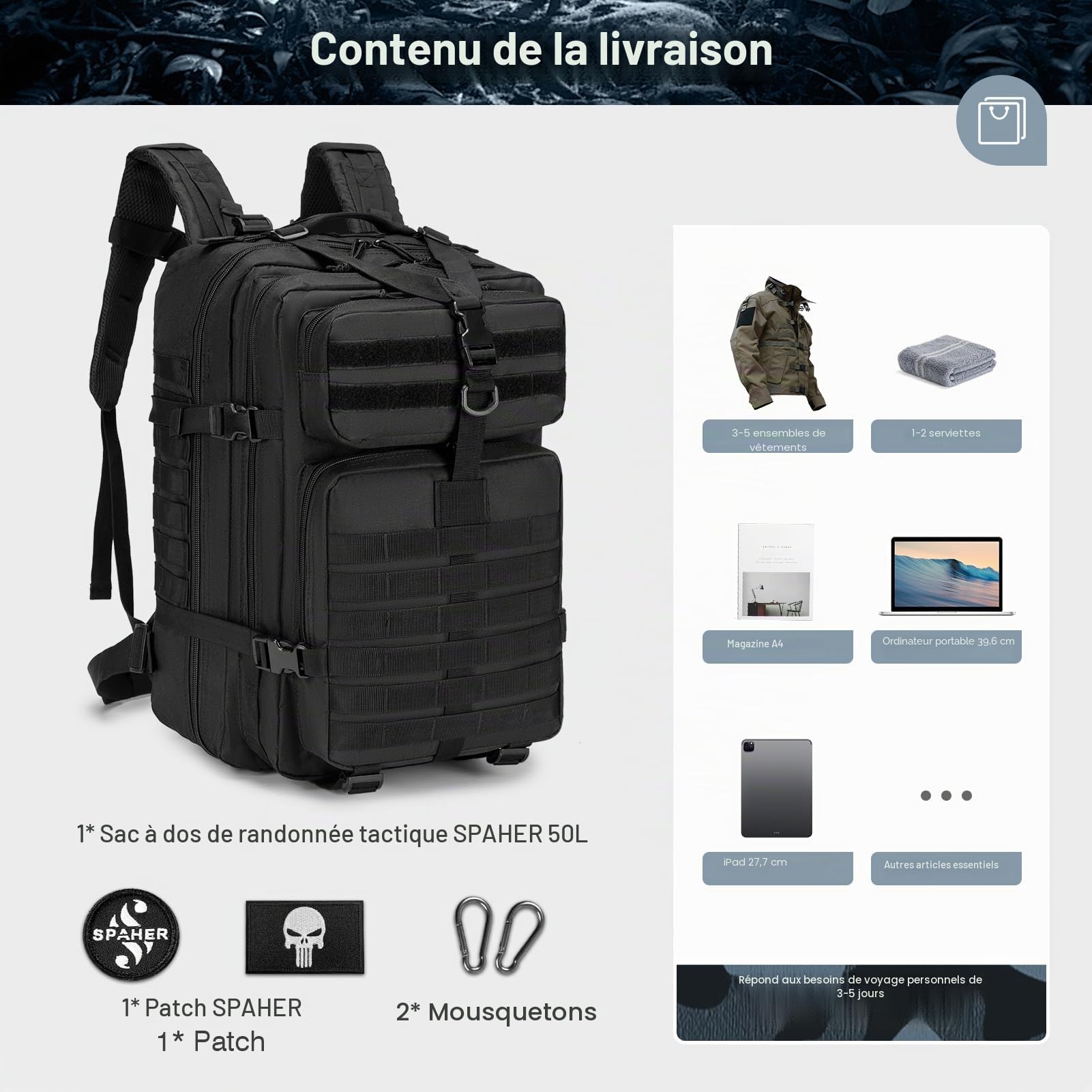 SPAHER 50L Sacs à Dos Tactique Militaire Sac de Randonnée Sac de Survie Sac a Dos de Voyage étanche Assault Pack Sac à Dos de Trekking Militaire Armée Tactique Molle Sac à Dos